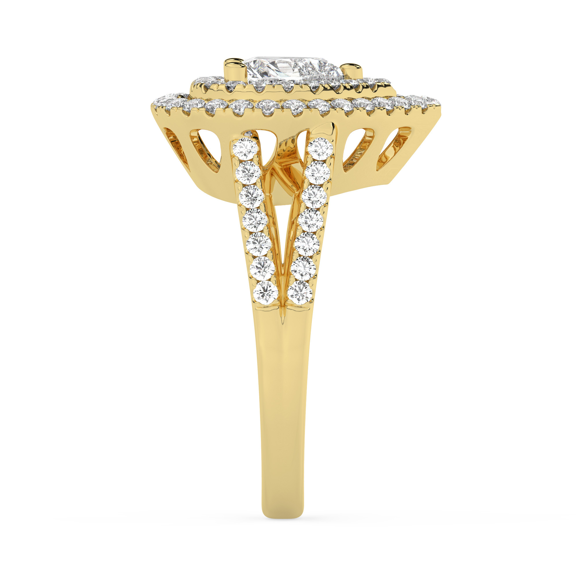 טבעת אירוסין היילו דגם 50025 כסף מצופה זהב צהוב במרכז זירקוניה 0.75 קראט בחיתוך לב מסביב ובצדדים זירקונים בחיתוך עגול – תמונה 4