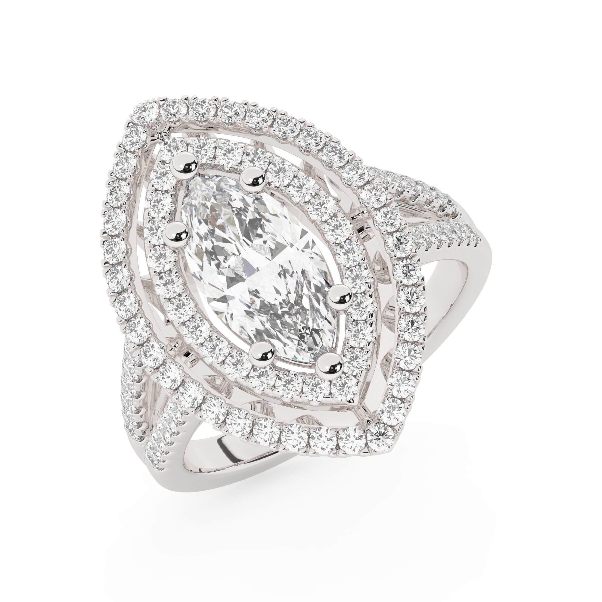 טבעת אירוסין היילו דגם 50025 כסף מצופה זהב לבן במרכז זירקוניה 1.50 קראט בחיתוך מרקיזה מסביב ובצדדים זירקונים בחיתוך עגול