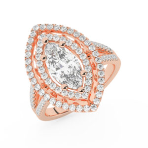 טבעת אירוסין היילו דגם 50025 כסף מצופה זהב אדום רוזגולד במרכז זירקוניה 4 קראט בחיתוך מרקיזה מסביב ובצדדים זירקונים בחיתוך עגול