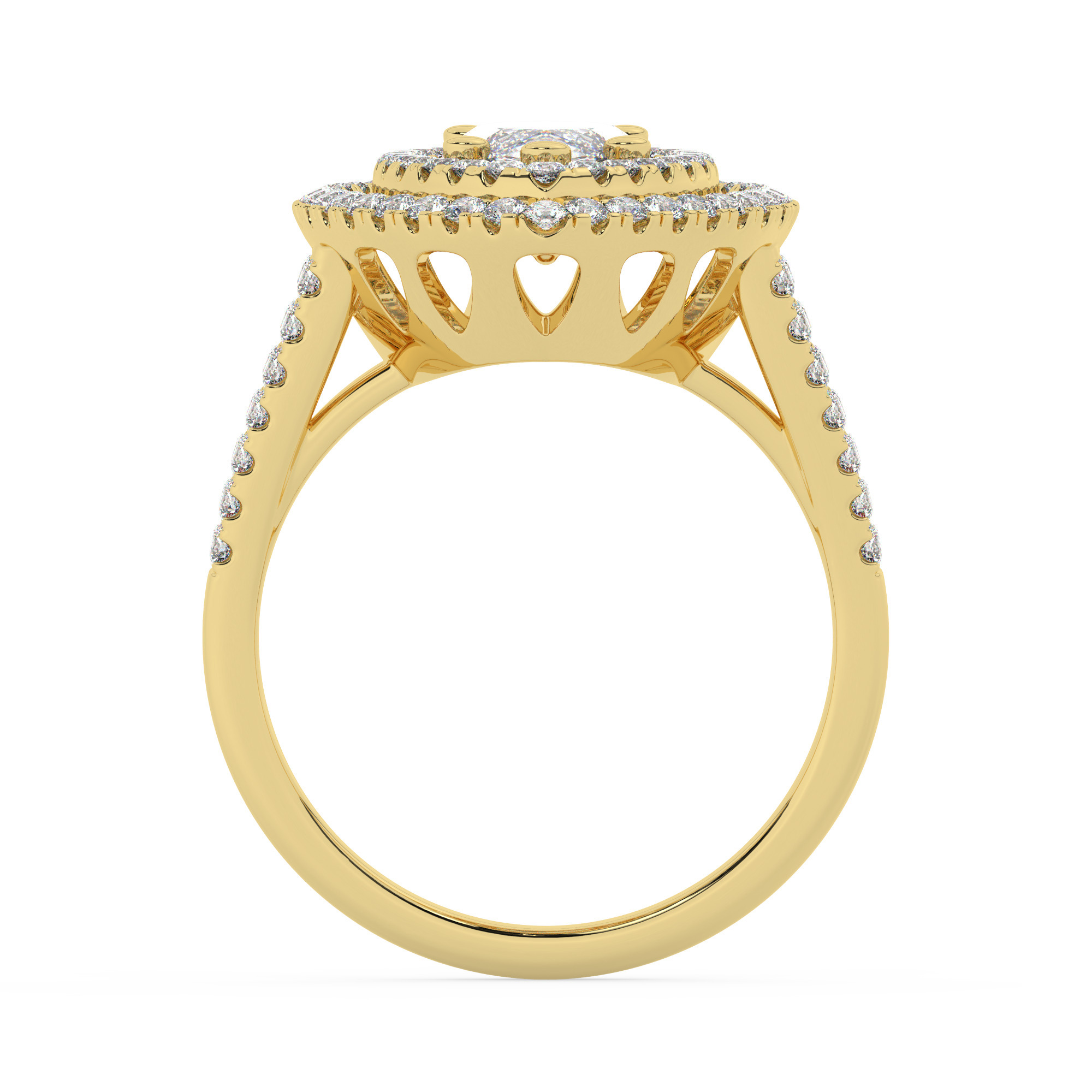 טבעת אירוסין היילו דגם 50025 כסף מצופה זהב צהוב במרכז זירקוניה 4 קראט בחיתוך מרקיזה מסביב ובצדדים זירקונים בחיתוך עגול – תמונה 3