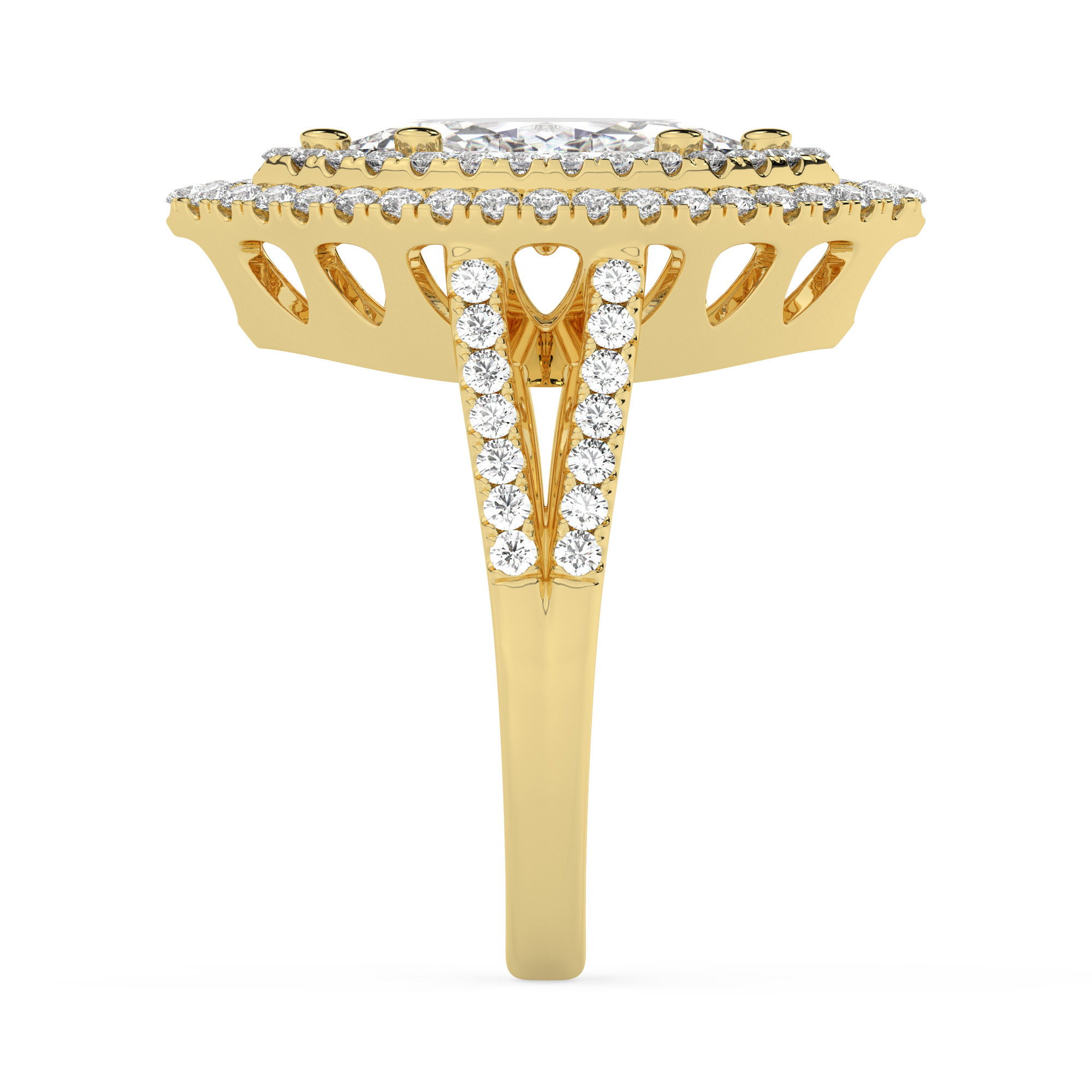 טבעת אירוסין היילו דגם 50025 כסף מצופה זהב צהוב במרכז זירקוניה 4 קראט בחיתוך מרקיזה מסביב ובצדדים זירקונים בחיתוך עגול – תמונה 4