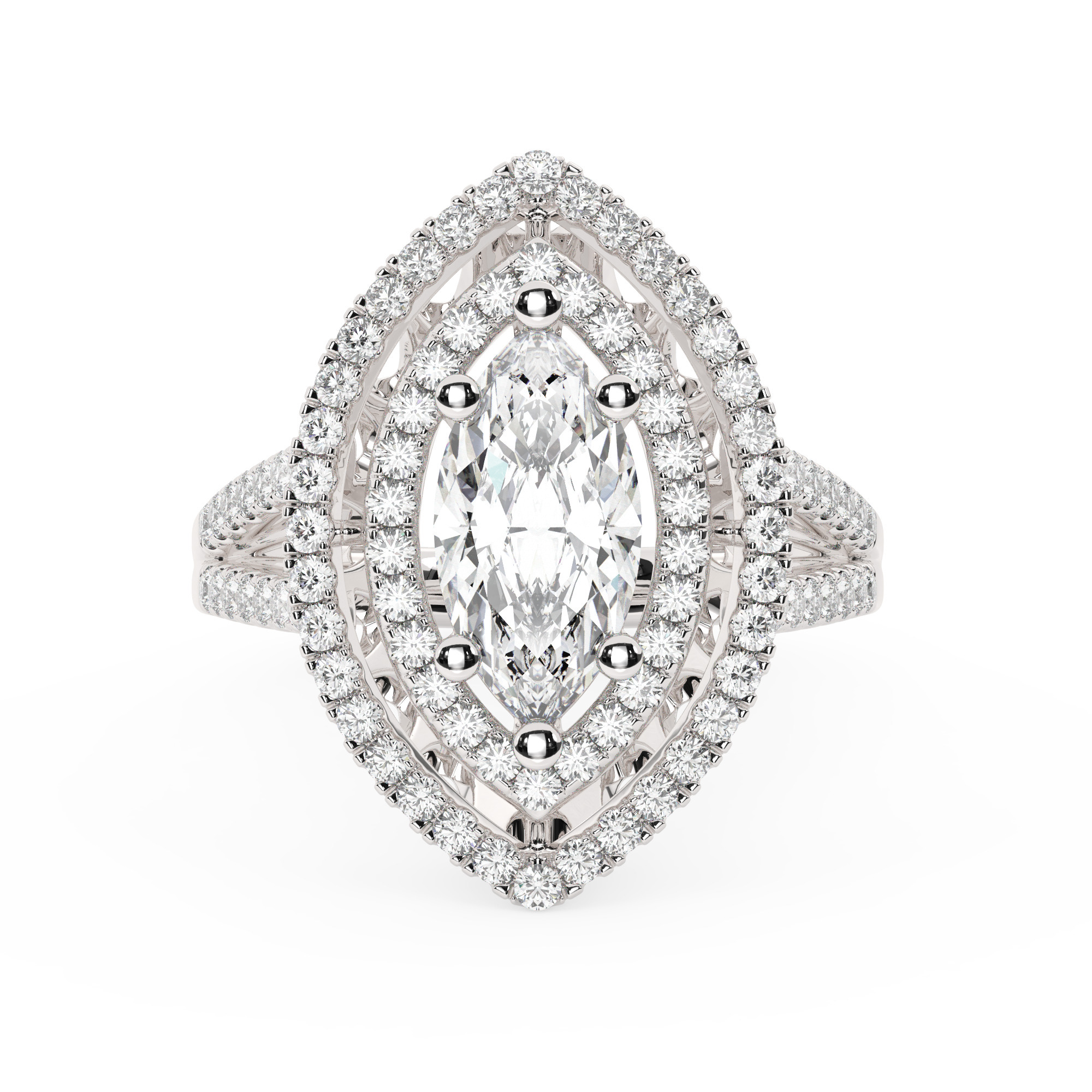 טבעת אירוסין היילו דגם 50025 זהב לבן 14 קראט במרכז יהלום טבעי 0.50 קראט בחיתוך מרקיזה עם תעודה גמולוגית מסביב ובצדדים יהלומים טבעים במשקל כולל של 0.62 קראט בחיתוך עגול – תמונה 2