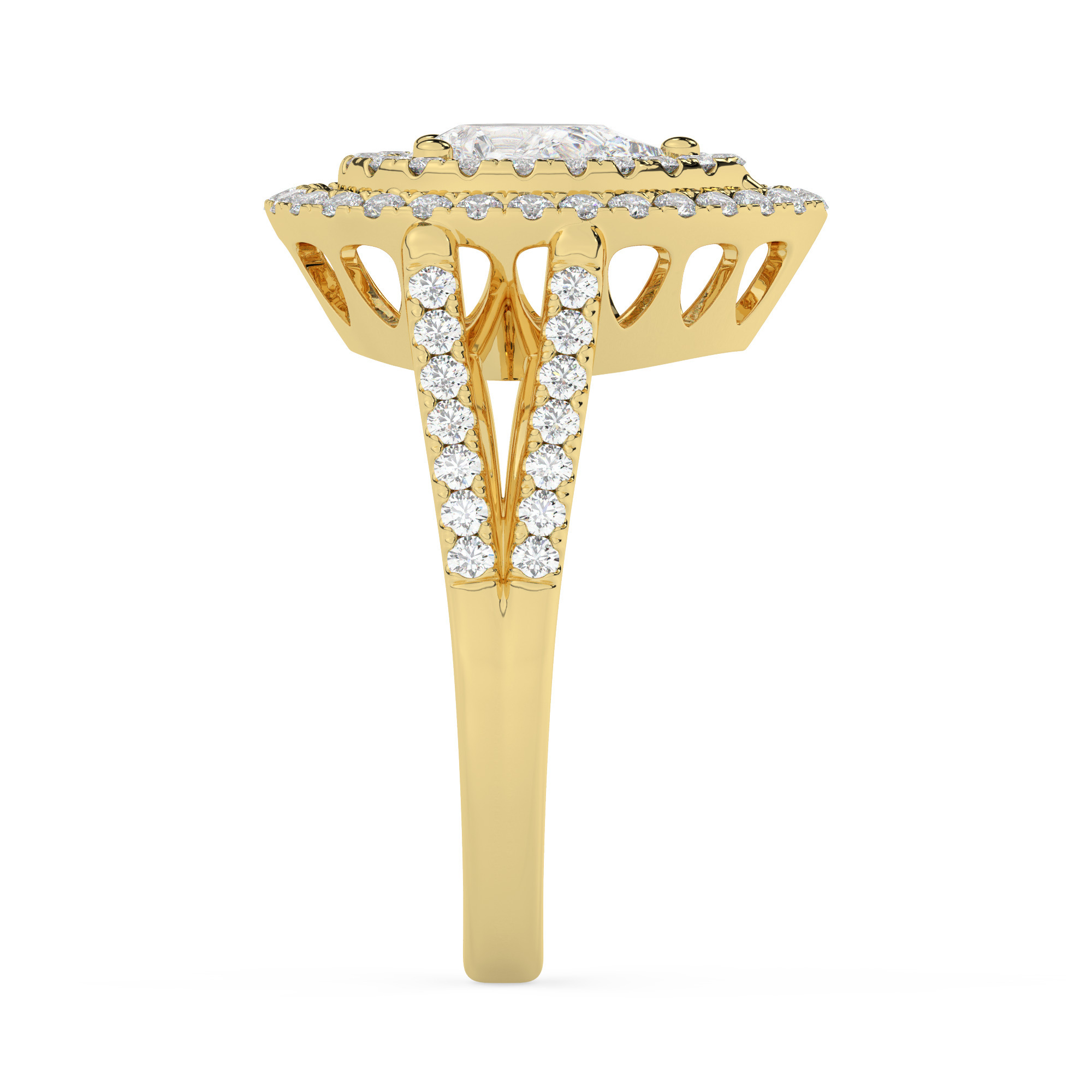 טבעת אירוסין היילו דגם 50025 כסף מצופה זהב צהוב במרכז זירקוניה 1 קראט בחיתוך טיפה מסביב ובצדדים זירקונים בחיתוך עגול – תמונה 4