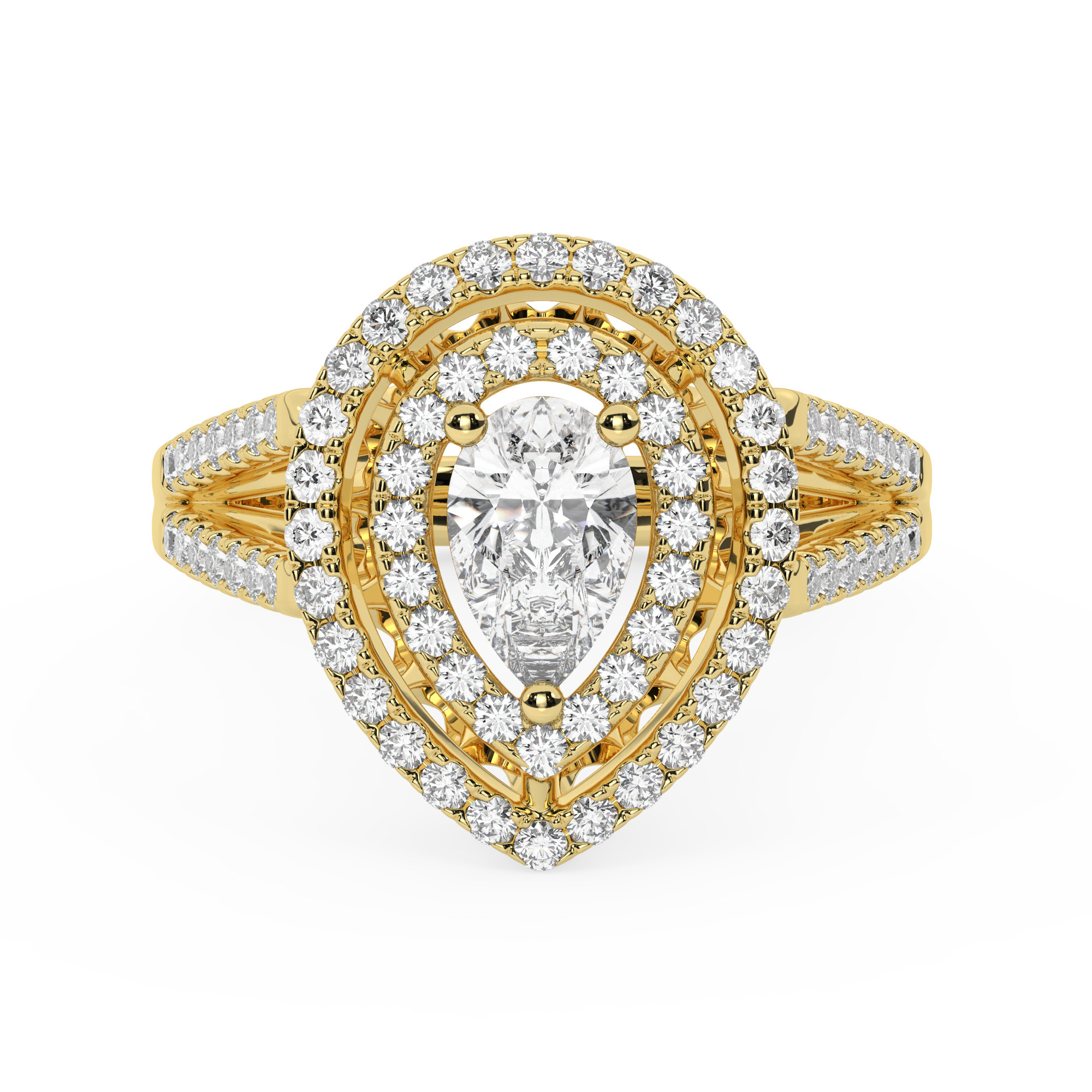 טבעת אירוסין היילו דגם 50025 כסף מצופה זהב צהוב במרכז זירקוניה 1 קראט בחיתוך טיפה מסביב ובצדדים זירקונים בחיתוך עגול – תמונה 2