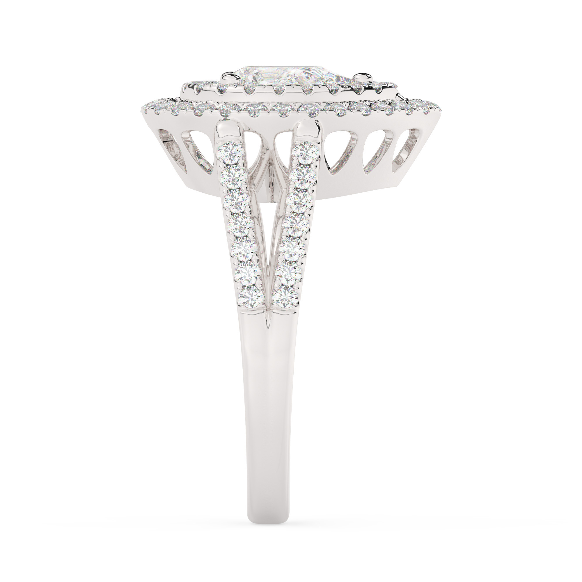 טבעת אירוסין היילו דגם 50025 זהב לבן 14 קראט במרכז זירקוניה 2 קראט בחיתוך טיפה מסביב ובצדדים זירקונים בחיתוך עגול – תמונה 4