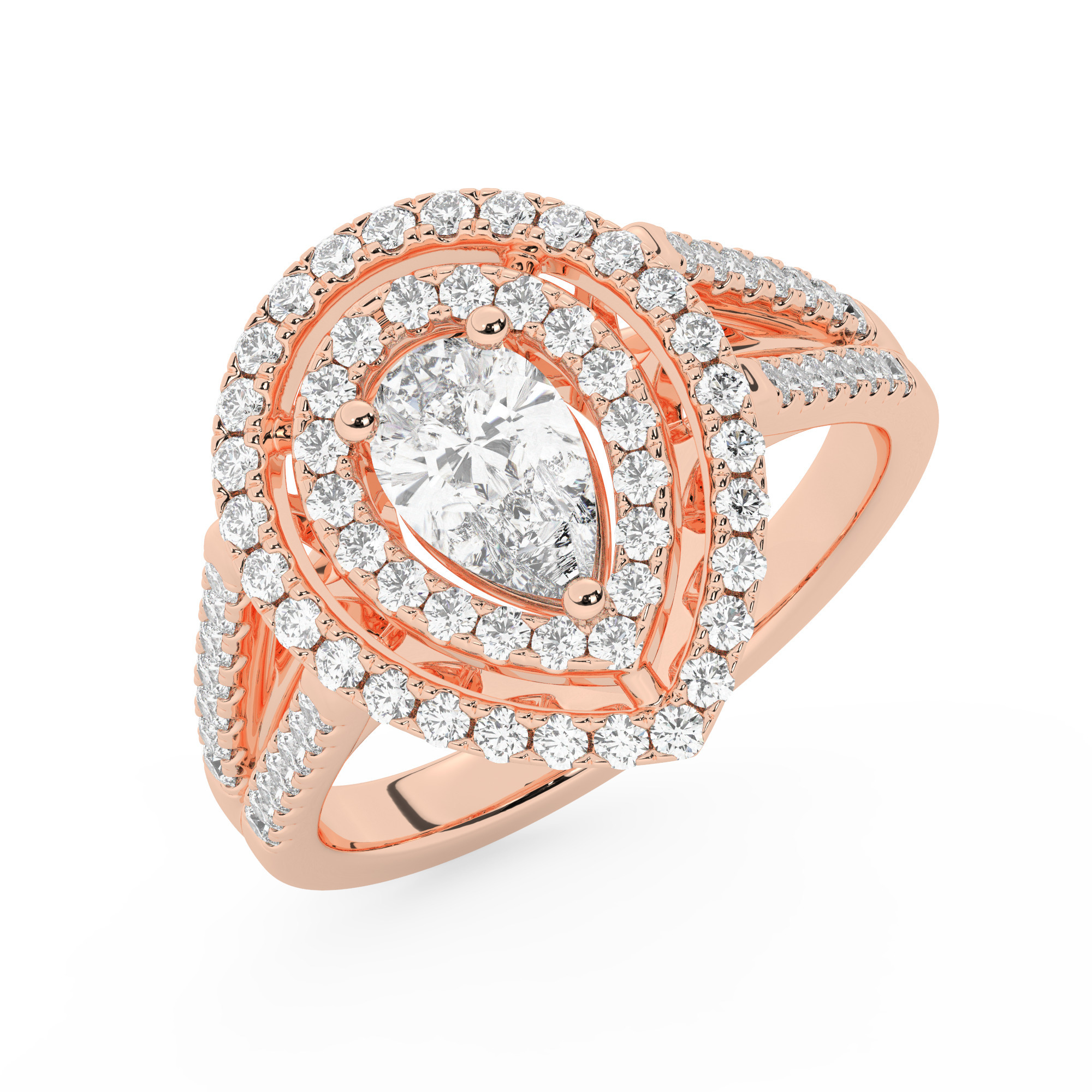 טבעת אירוסין היילו דגם 50025 זהב אדום רוזגולד 14 קראט במרכז יהלום טבעי 4 קראט בחיתוך טיפה עם תעודה גמולוגית אמריקאית GIA מסביב ובצדדים יהלומים טבעים במשקל כולל של 0.62 קראט בחיתוך עגול