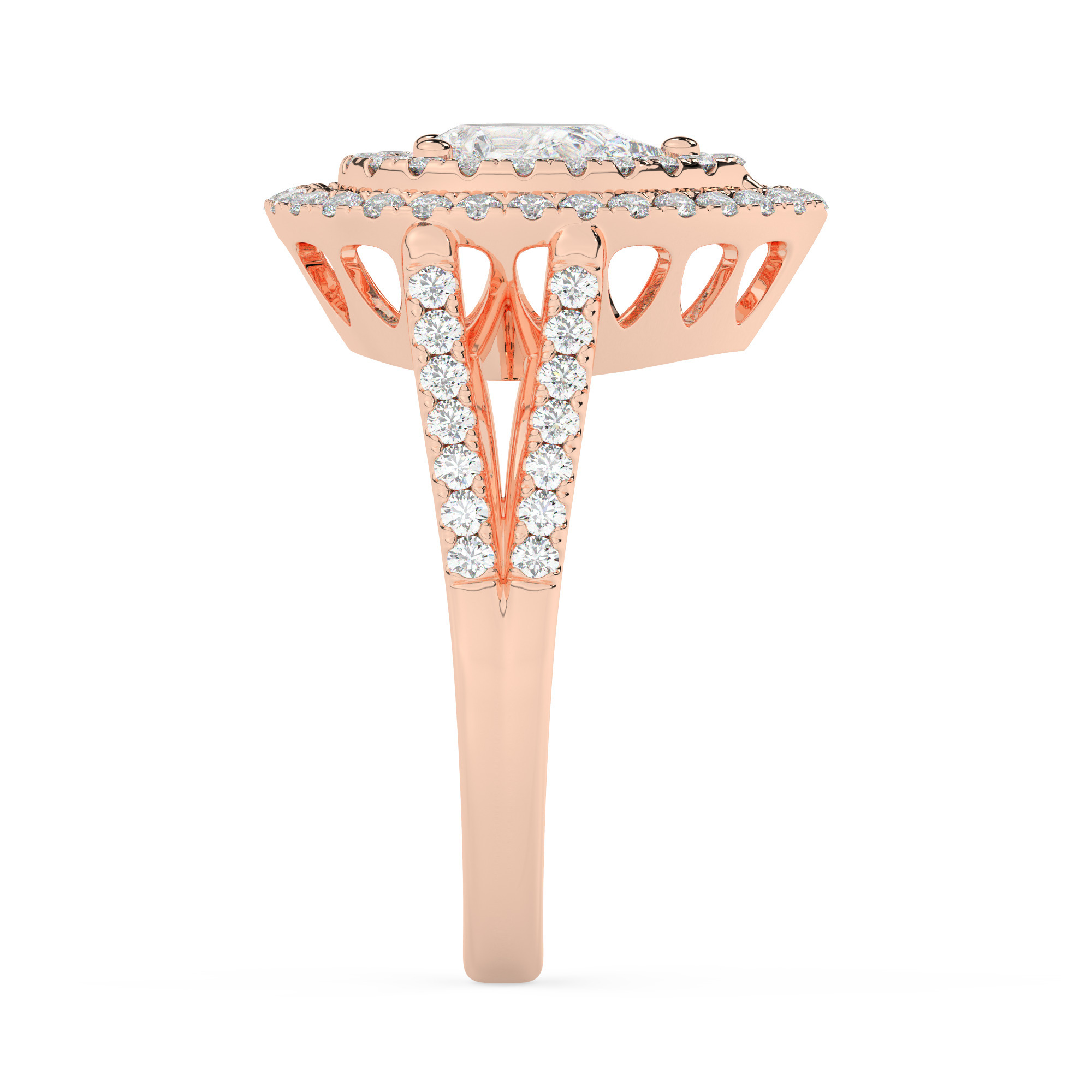 טבעת אירוסין היילו דגם 50025 זהב אדום רוזגולד 14 קראט במרכז יהלום טבעי 4 קראט בחיתוך טיפה עם תעודה גמולוגית אמריקאית GIA מסביב ובצדדים יהלומים טבעים במשקל כולל של 0.62 קראט בחיתוך עגול – תמונה 4