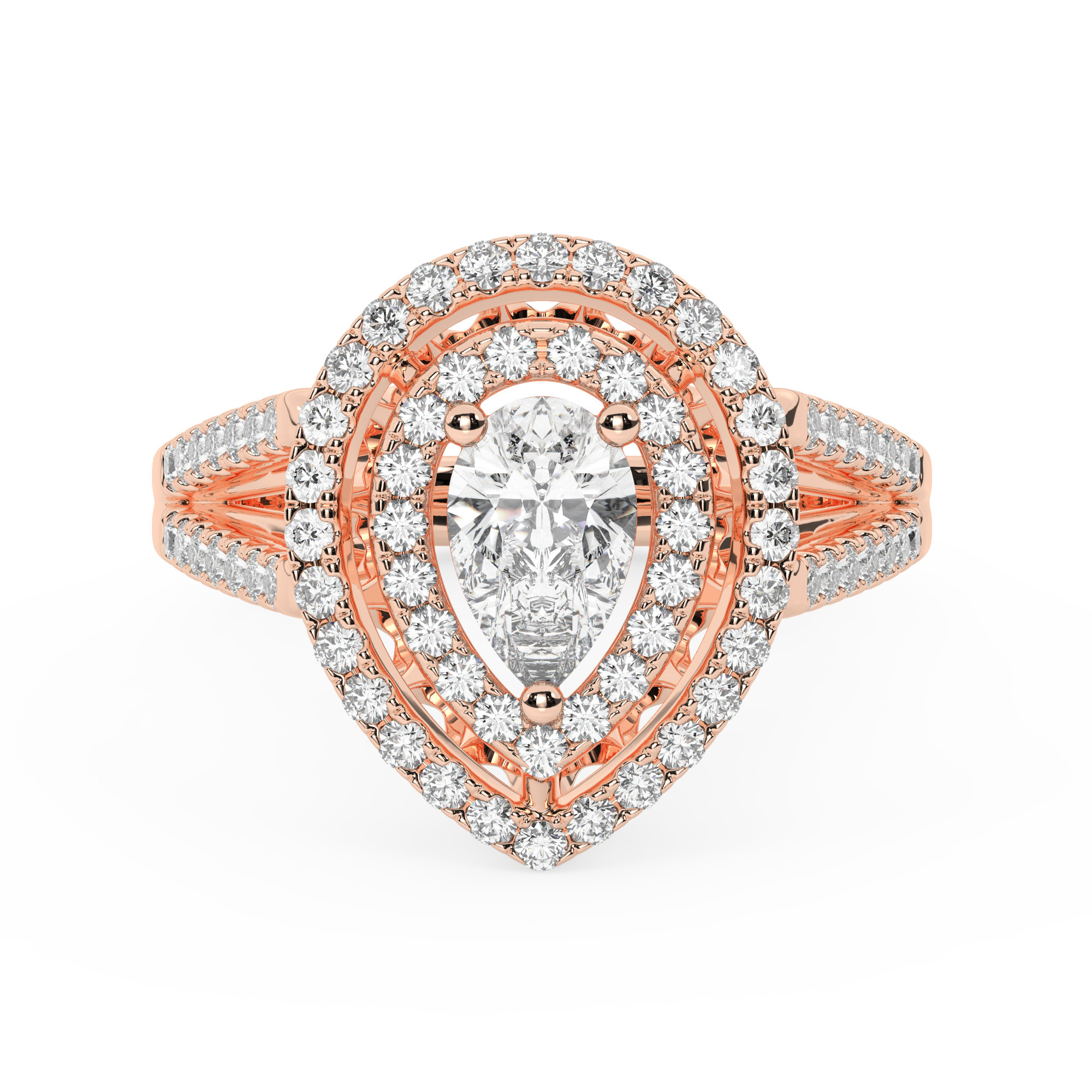 טבעת אירוסין היילו דגם 50025 זהב אדום רוזגולד 14 קראט במרכז יהלום טבעי 4 קראט בחיתוך טיפה עם תעודה גמולוגית אמריקאית GIA מסביב ובצדדים יהלומים טבעים במשקל כולל של 0.62 קראט בחיתוך עגול – תמונה 2