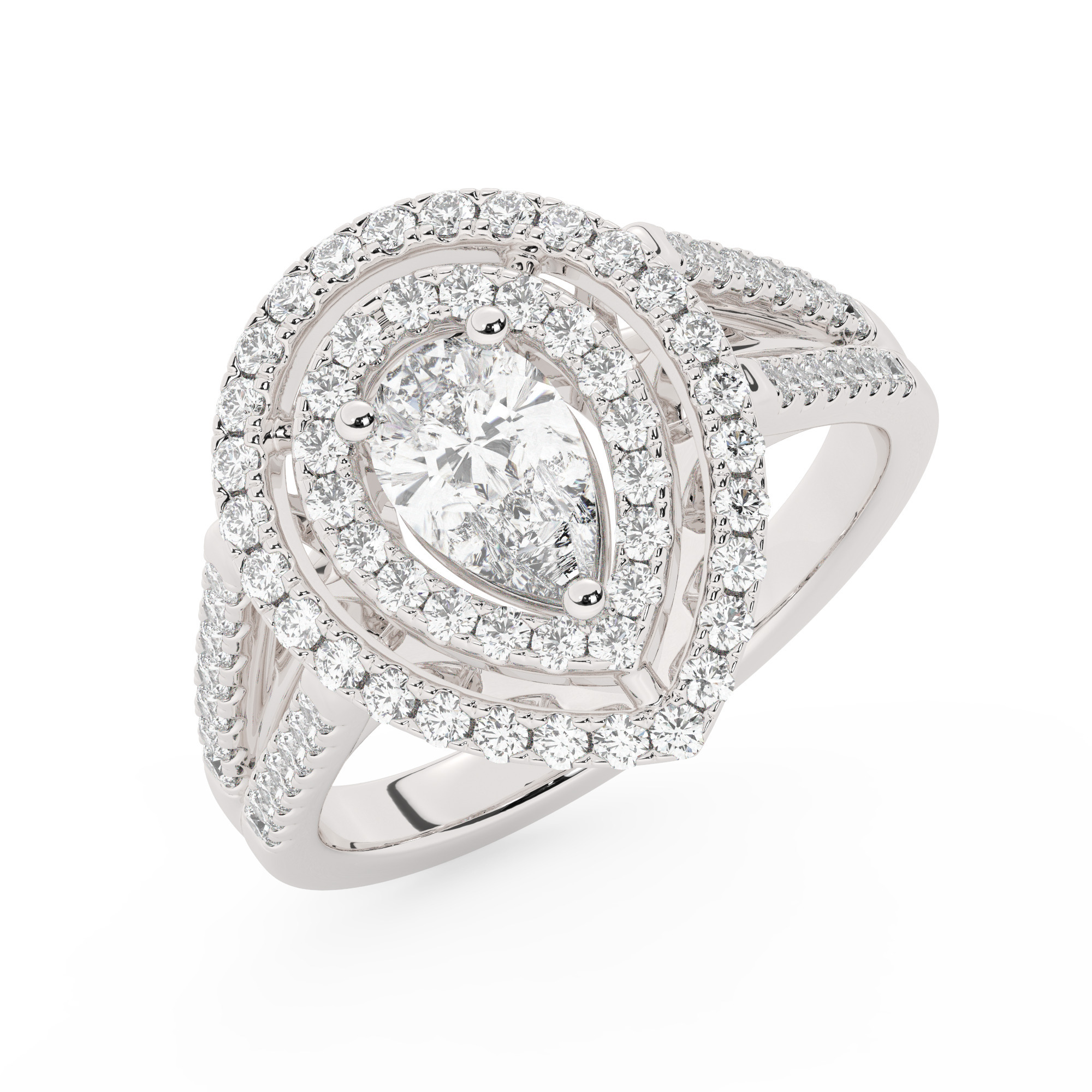 טבעת אירוסין היילו דגם 50025 כסף מצופה זהב לבן במרכז זירקוניה 0.50 קראט בחיתוך טיפה מסביב ובצדדים זירקונים בחיתוך עגול