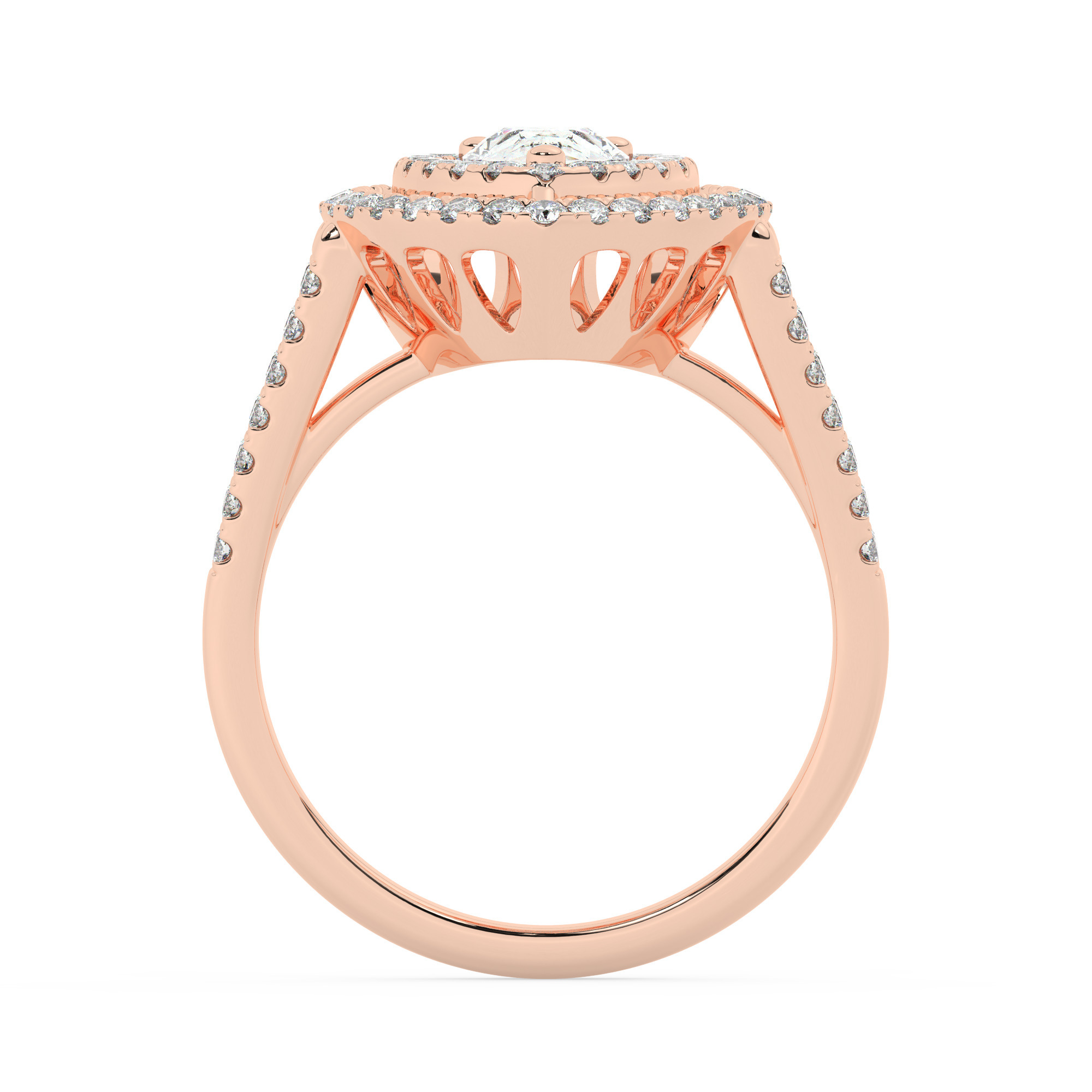 טבעת אירוסין היילו דגם 50025 כסף מצופה זהב אדום רוזגולד במרכז זירקוניה 0.75 קראט בחיתוך טיפה מסביב ובצדדים זירקונים בחיתוך עגול – תמונה 3