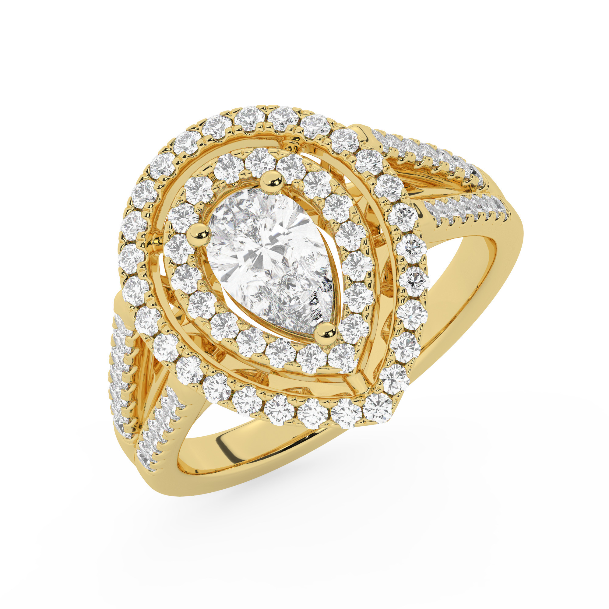 טבעת אירוסין היילו דגם 50025 כסף מצופה זהב צהוב במרכז זירקוניה 0.75 קראט בחיתוך טיפה מסביב ובצדדים זירקונים בחיתוך עגול