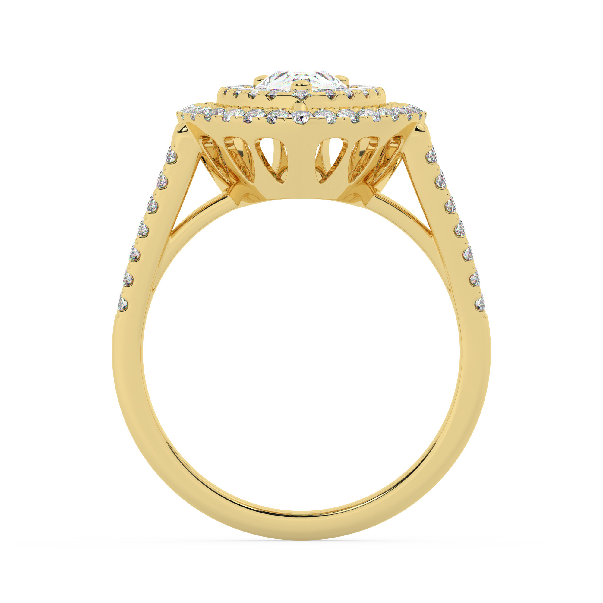 טבעת אירוסין היילו דגם 50025 כסף מצופה זהב צהוב במרכז זירקוניה 0.75 קראט בחיתוך טיפה מסביב ובצדדים זירקונים בחיתוך עגול – תמונה 3