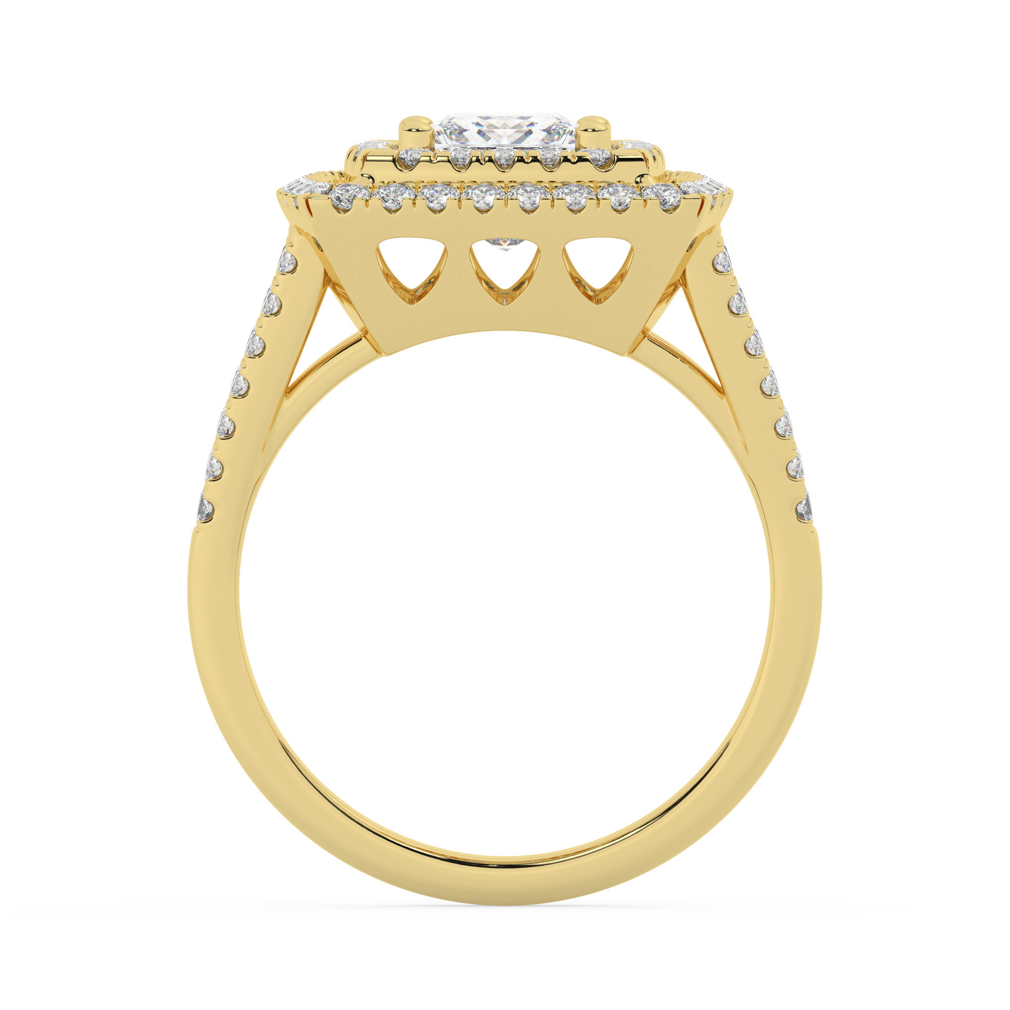 טבעת אירוסין היילו דגם 50025 כסף מצופה זהב צהוב במרכז זירקוניה 2 קראט בחיתוך פרינסס מסביב ובצדדים זירקונים בחיתוך עגול – תמונה 3