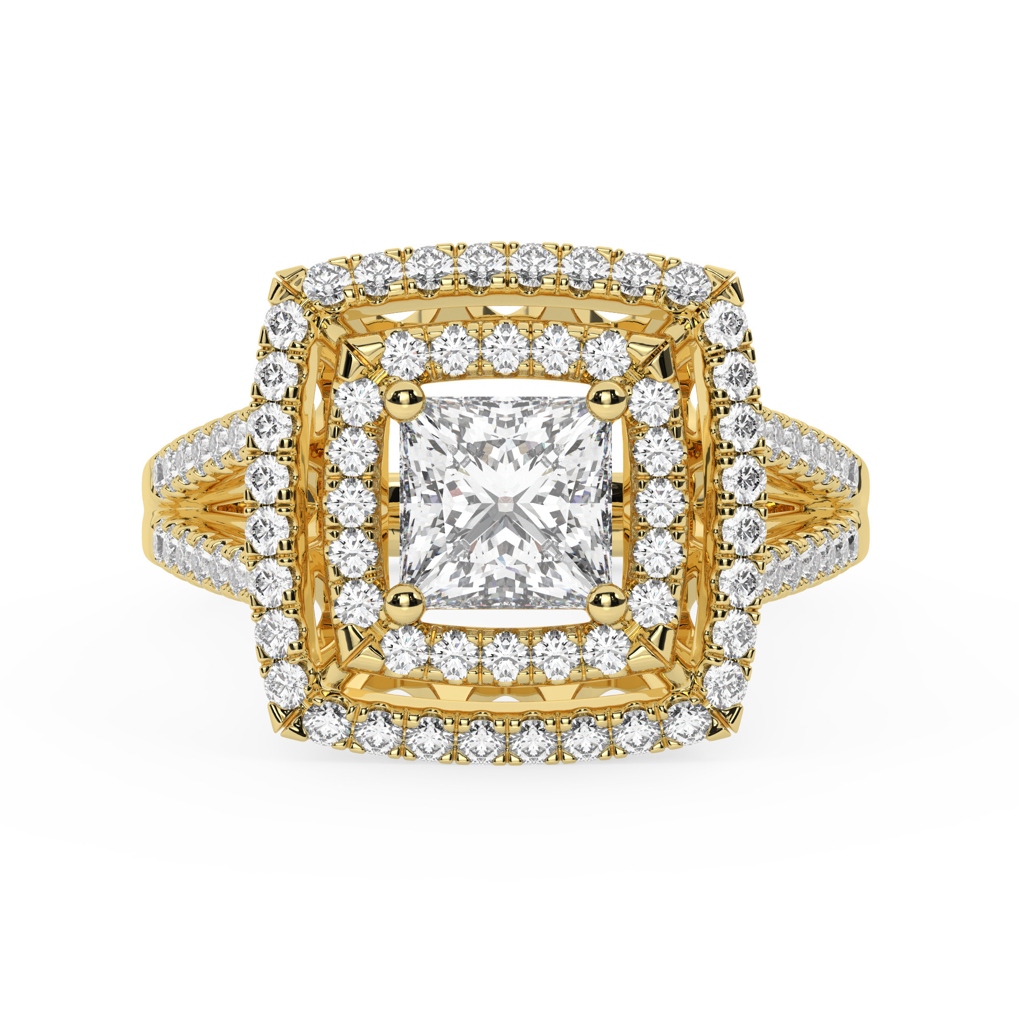 טבעת אירוסין היילו דגם 50025 כסף מצופה זהב צהוב במרכז זירקוניה 2 קראט בחיתוך פרינסס מסביב ובצדדים זירקונים בחיתוך עגול – תמונה 2