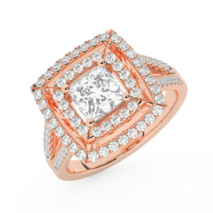 טבעת אירוסין היילו דגם 50025 כסף מצופה זהב אדום רוזגולד במרכז זירקוניה 2.50 קראט בחיתוך פרינסס מסביב ובצדדים זירקונים בחיתוך עגול