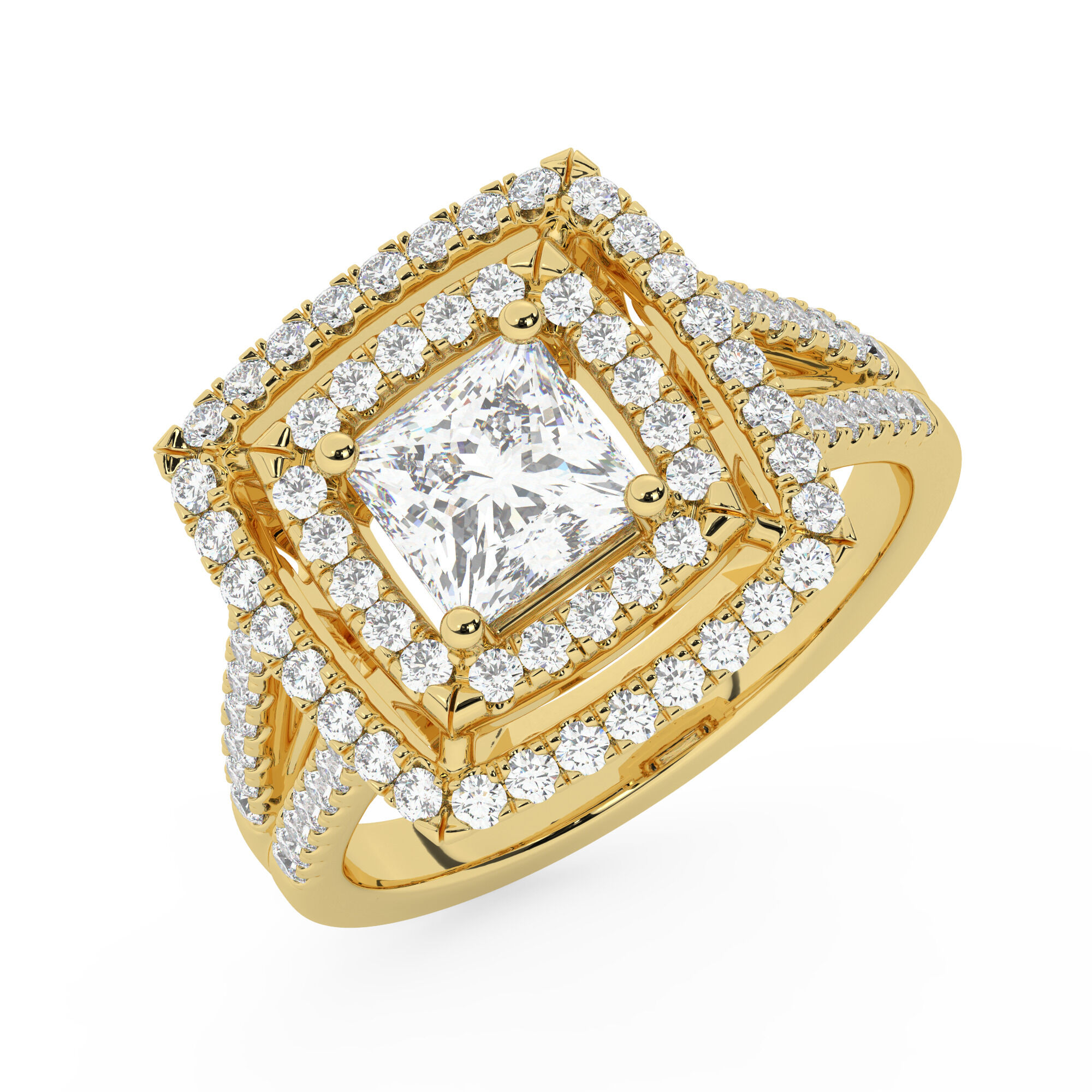 טבעת אירוסין היילו דגם 50025 זהב צהוב 14 קראט במרכז זירקוניה 2.50 קראט בחיתוך פרינסס מסביב ובצדדים זירקונים בחיתוך עגול