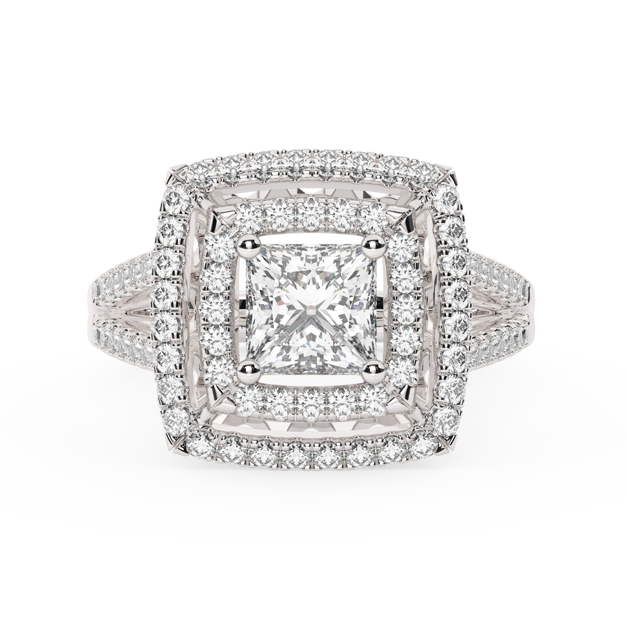 טבעת אירוסין היילו דגם 50025 כסף מצופה זהב לבן במרכז זירקוניה 0.50 קראט בחיתוך פרינסס מסביב ובצדדים זירקונים בחיתוך עגול – תמונה 2