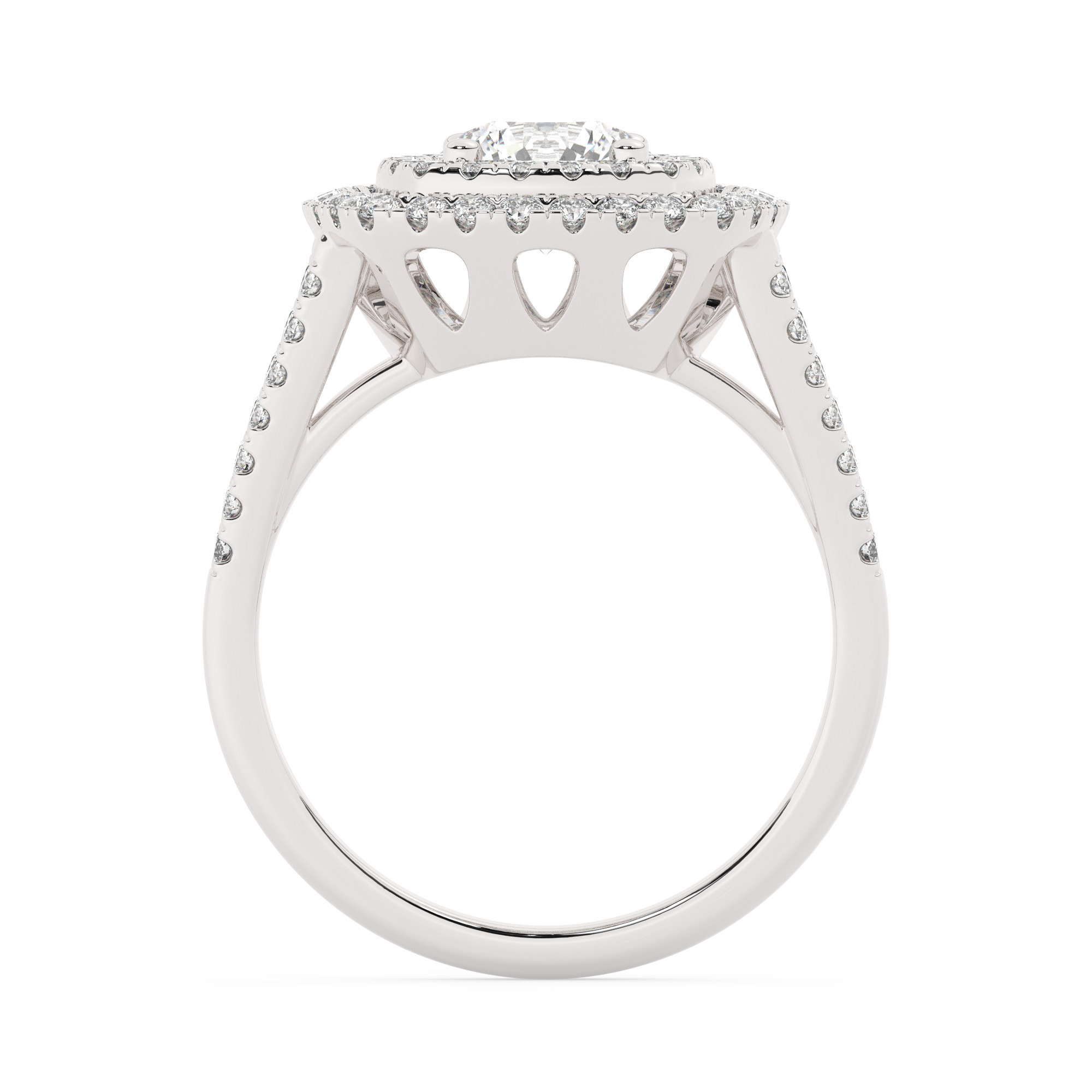 טבעת אירוסין היילו דגם 50025 זהב לבן 14 קראט במרכז אבן מעבדה מוסונייט 1.50 קראט בחיתוך עגול עם תעודה גמולוגית בינלאומית GRA מסביב ובצדדים אבני מעבדה מוסונייט במשקל כולל של 0.62 קראט בחיתוך עגול – תמונה 3