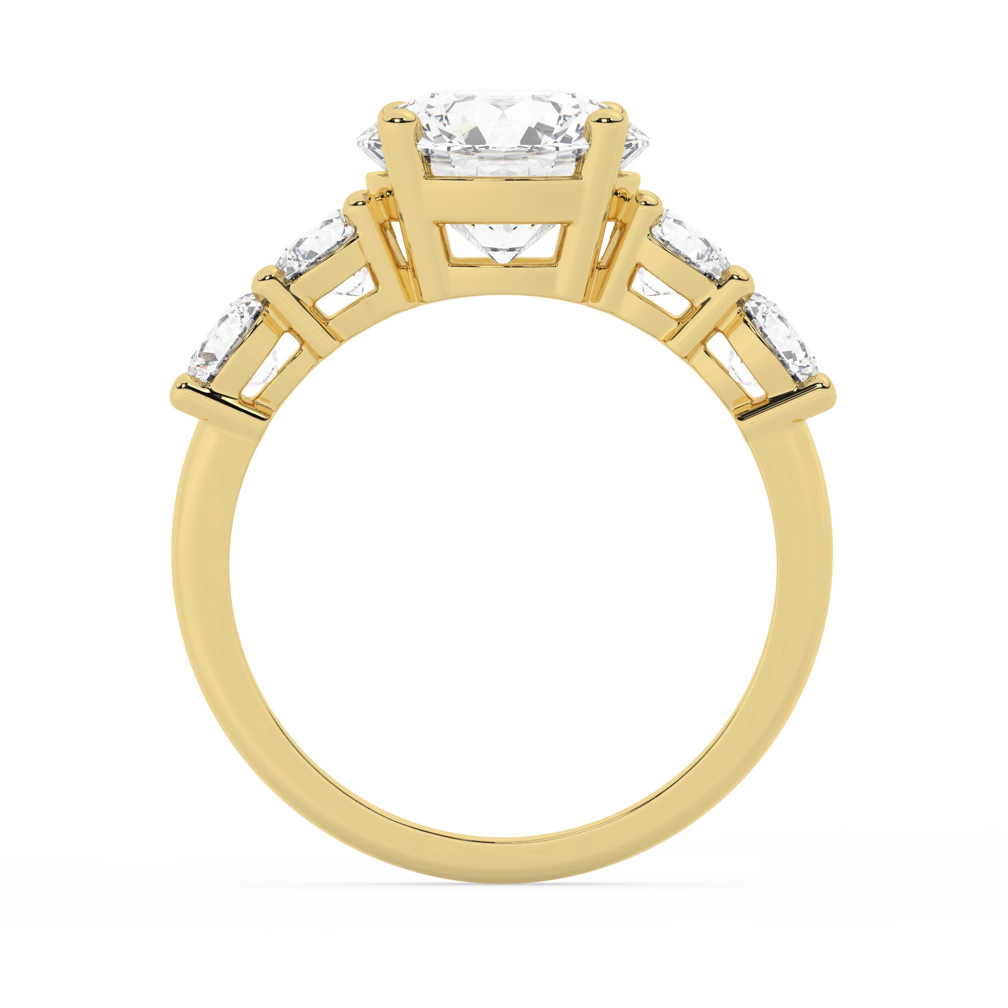 טבעת אירוסין סוליטר וזירקונים בצדדים דגם 50030 זהב צהוב 14 קראט במרכז זירקוניה 3 קראט בחיתוך עגול מסביב ובצדדים זירקונים בחיתוך עגול – תמונה 3