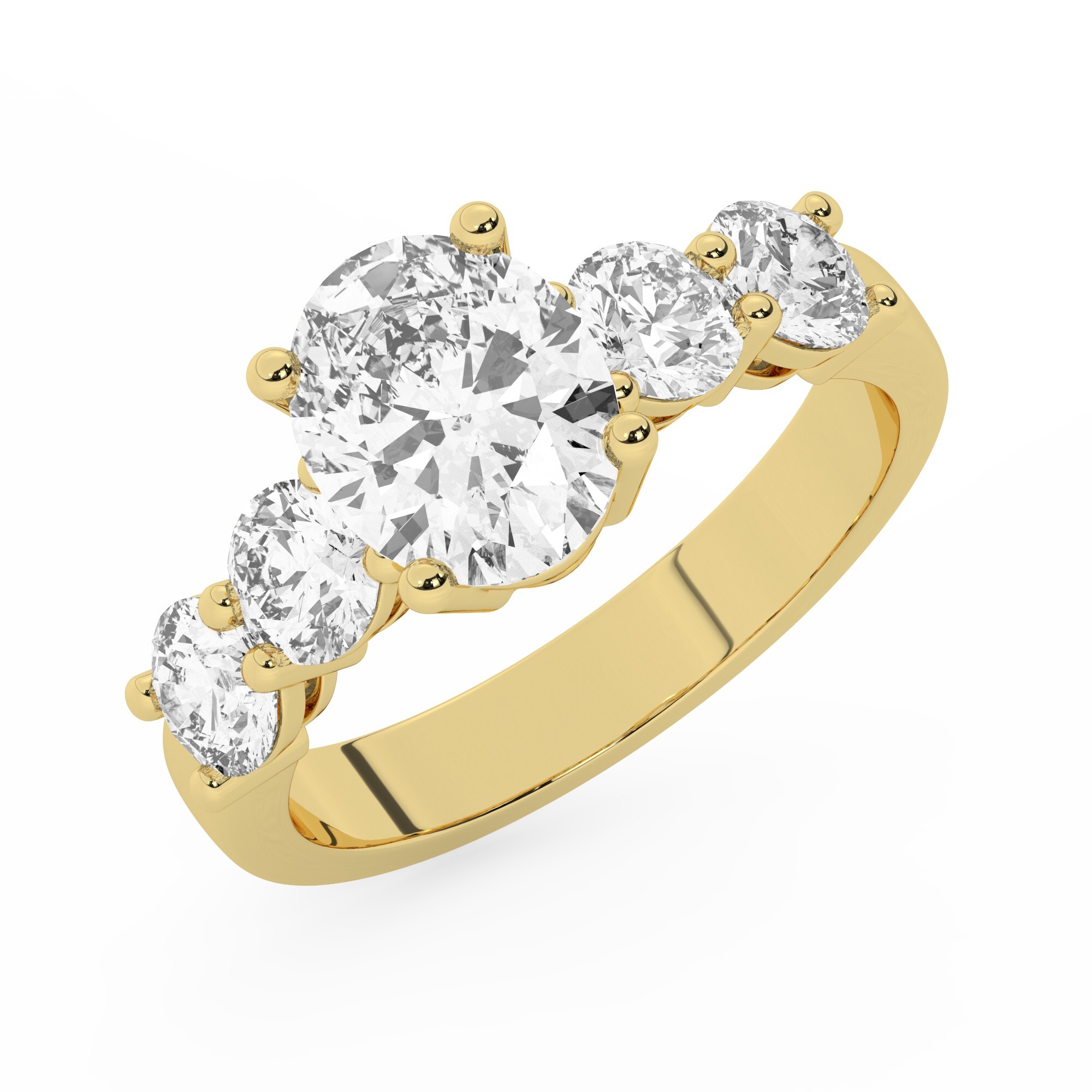 טבעת אירוסין סוליטר ומוסונייט בצדדים דגם 50030 זהב צהוב 14 קראט במרכז אבן מעבדה מוסונייט 2.50 קראט בחיתוך אובל עם תעודה גמולוגית בינלאומית GRA מסביב ובצדדים אבני מעבדה מוסונייט במשקל כולל של 1.08 קראט בחיתוך עגול