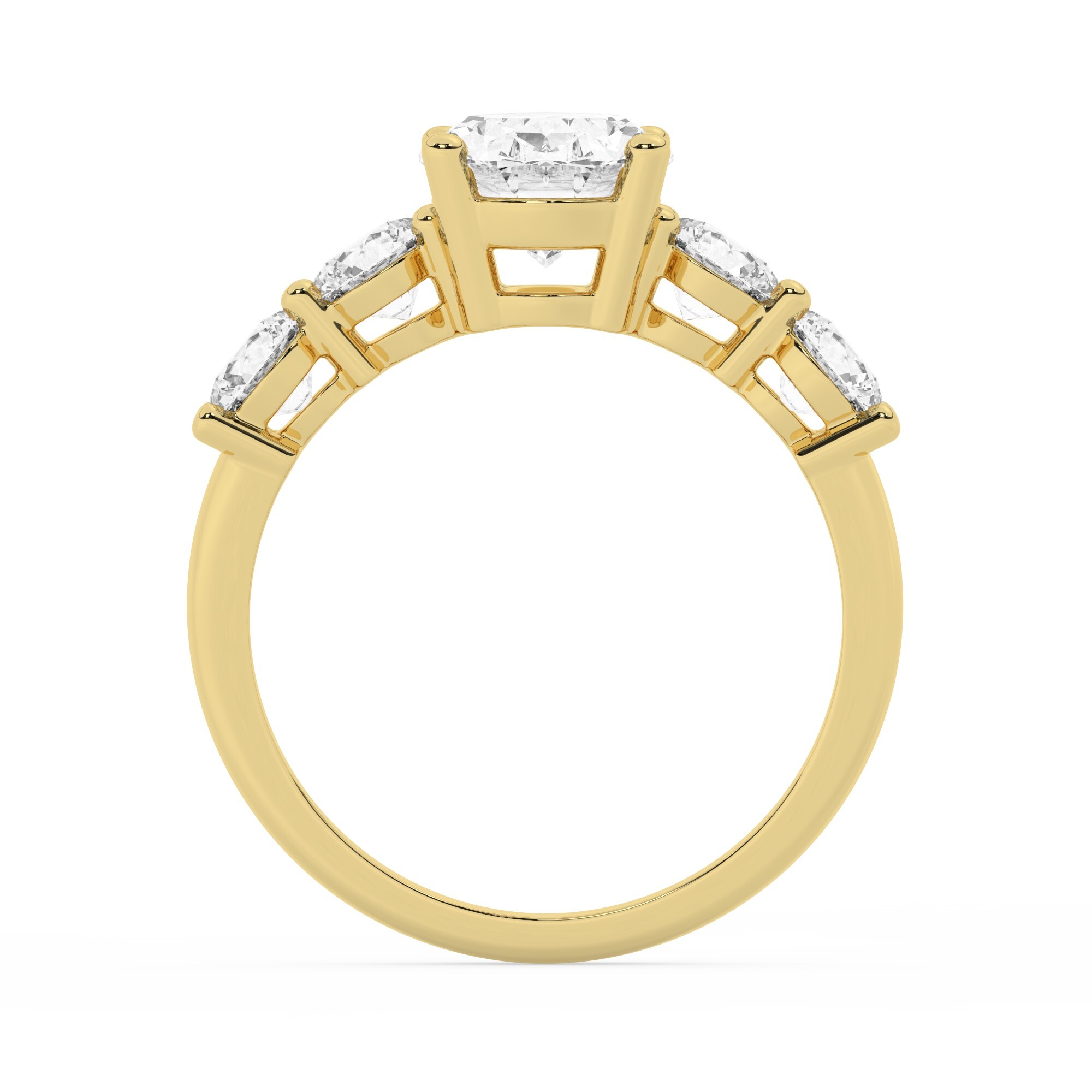 טבעת אירוסין סוליטר ומוסונייט בצדדים דגם 50030 זהב צהוב 14 קראט במרכז אבן מעבדה מוסונייט 2.50 קראט בחיתוך אובל עם תעודה גמולוגית בינלאומית GRA מסביב ובצדדים אבני מעבדה מוסונייט במשקל כולל של 1.08 קראט בחיתוך עגול – תמונה 3