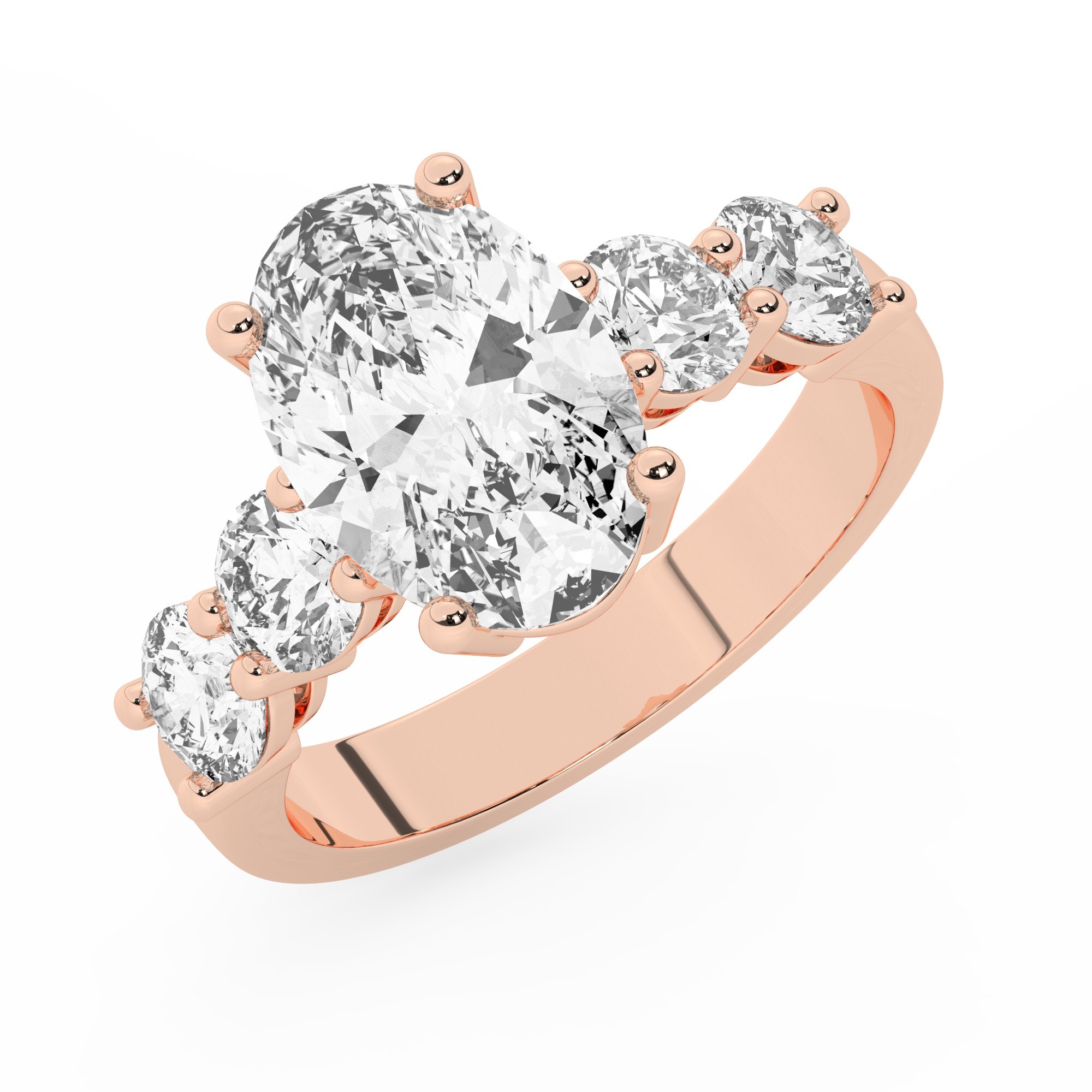 טבעת אירוסין סוליטר וזירקונים בצדדים דגם 50030 זהב אדום רוזגולד 14 קראט במרכז זירקוניה 5 קראט בחיתוך אובל מסביב ובצדדים זירקונים בחיתוך עגול