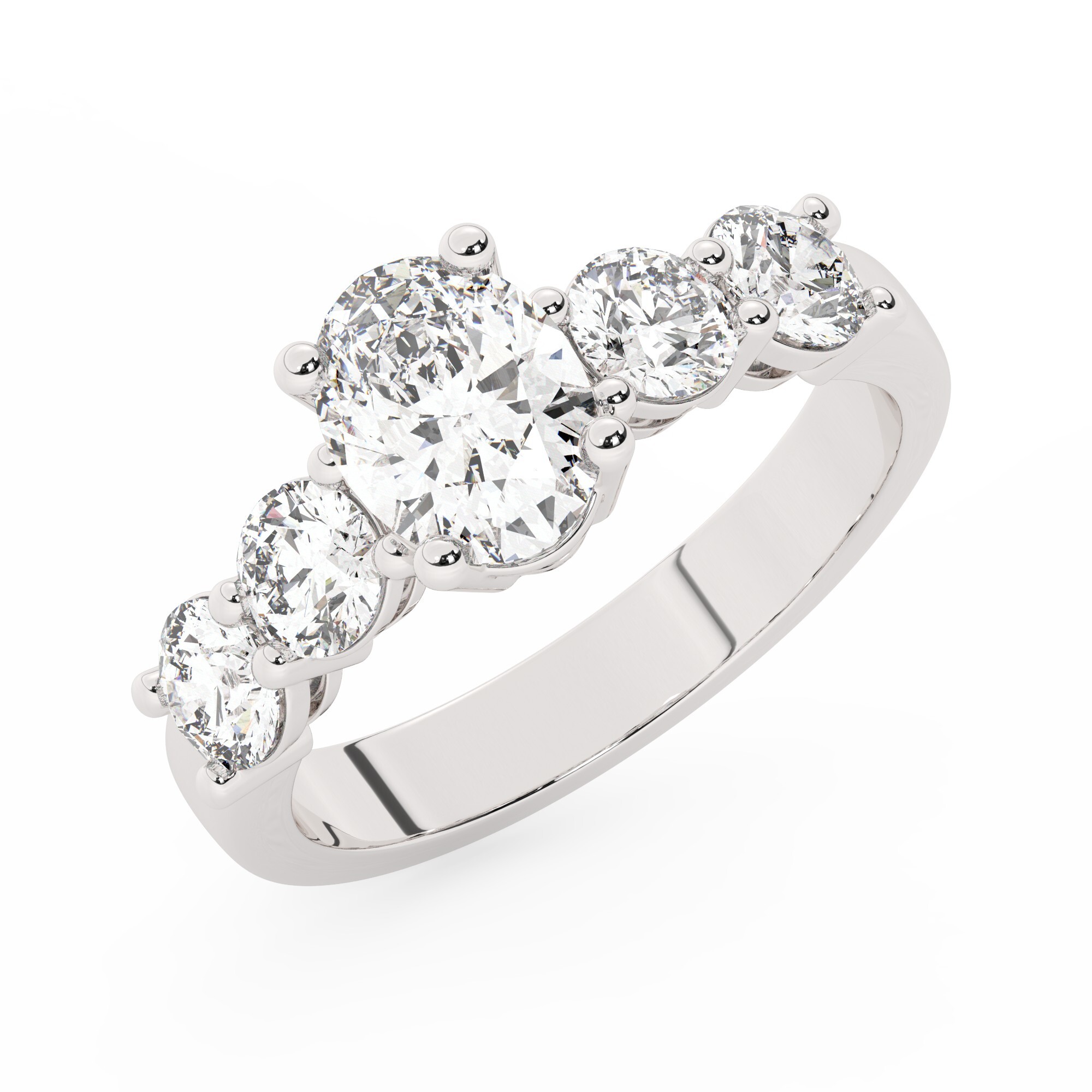 טבעת אירוסין סוליטר וזירקונים בצדדים דגם 50030 זהב לבן 14 קראט במרכז זירקוניה 0.75 קראט בחיתוך אובל מסביב ובצדדים זירקונים בחיתוך עגול