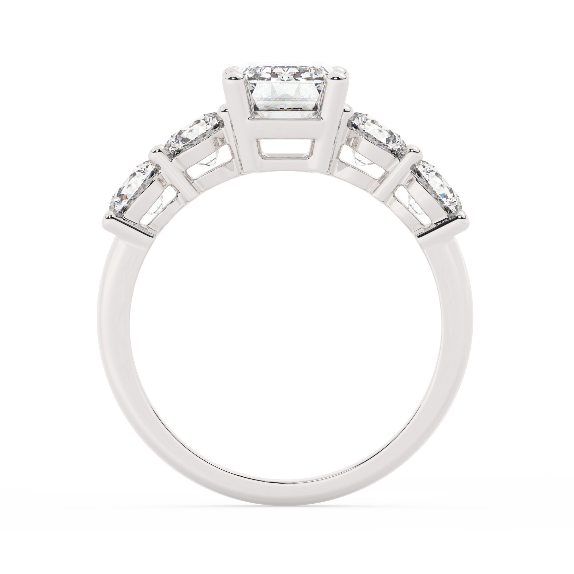 טבעת אירוסין סוליטר ומוסונייט בצדדים דגם 50030 זהב לבן 14 קראט במרכז אבן מעבדה מוסונייט 1 קראט בחיתוך אמרלד עם תעודה גמולוגית בינלאומית GRA מסביב ובצדדים אבני מעבדה מוסונייט במשקל כולל של 1.08 קראט בחיתוך עגול – תמונה 3