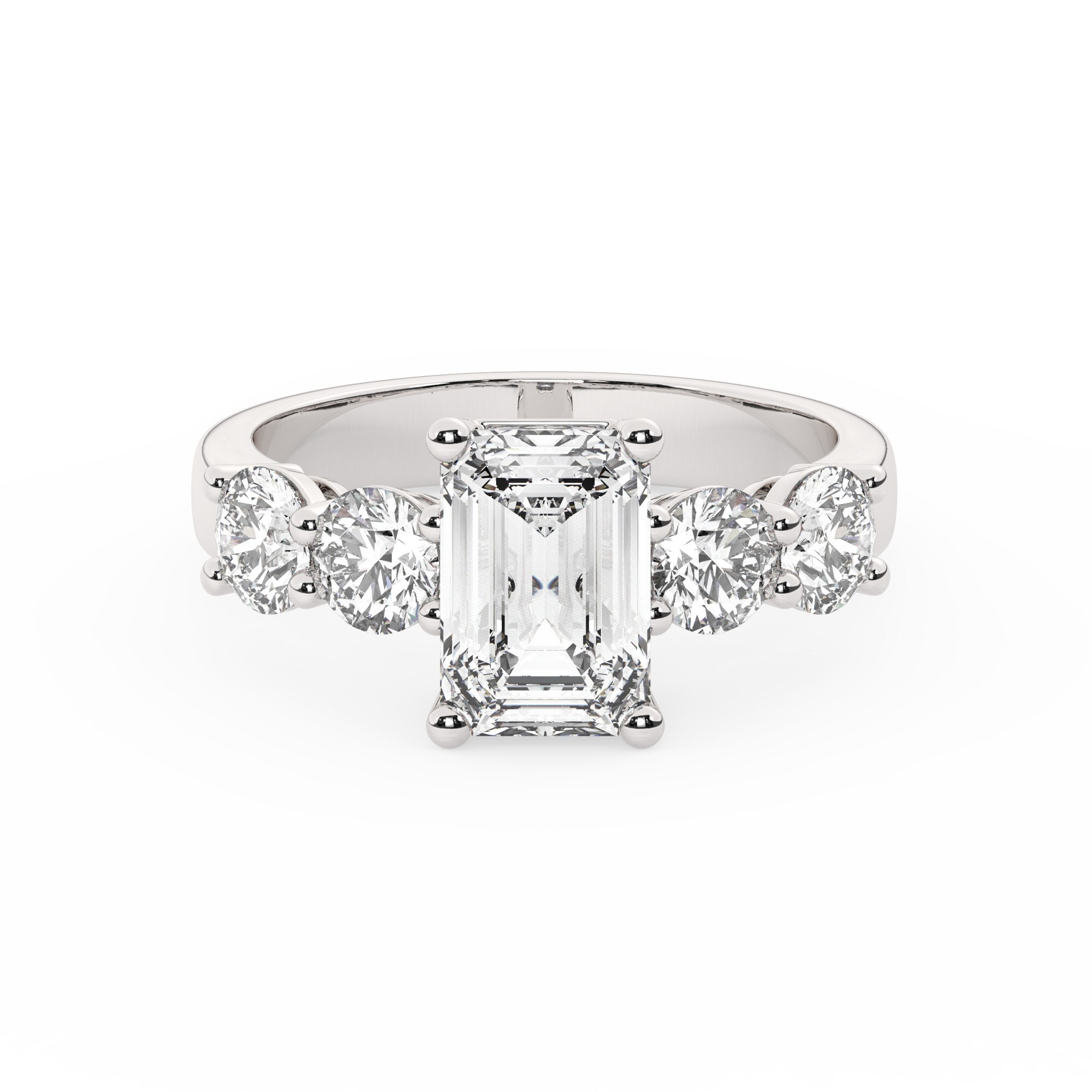 טבעת אירוסין סוליטר ומוסונייט בצדדים דגם 50030 זהב לבן 14 קראט במרכז אבן מעבדה מוסונייט 1 קראט בחיתוך אמרלד עם תעודה גמולוגית בינלאומית GRA מסביב ובצדדים אבני מעבדה מוסונייט במשקל כולל של 1.08 קראט בחיתוך עגול – תמונה 2