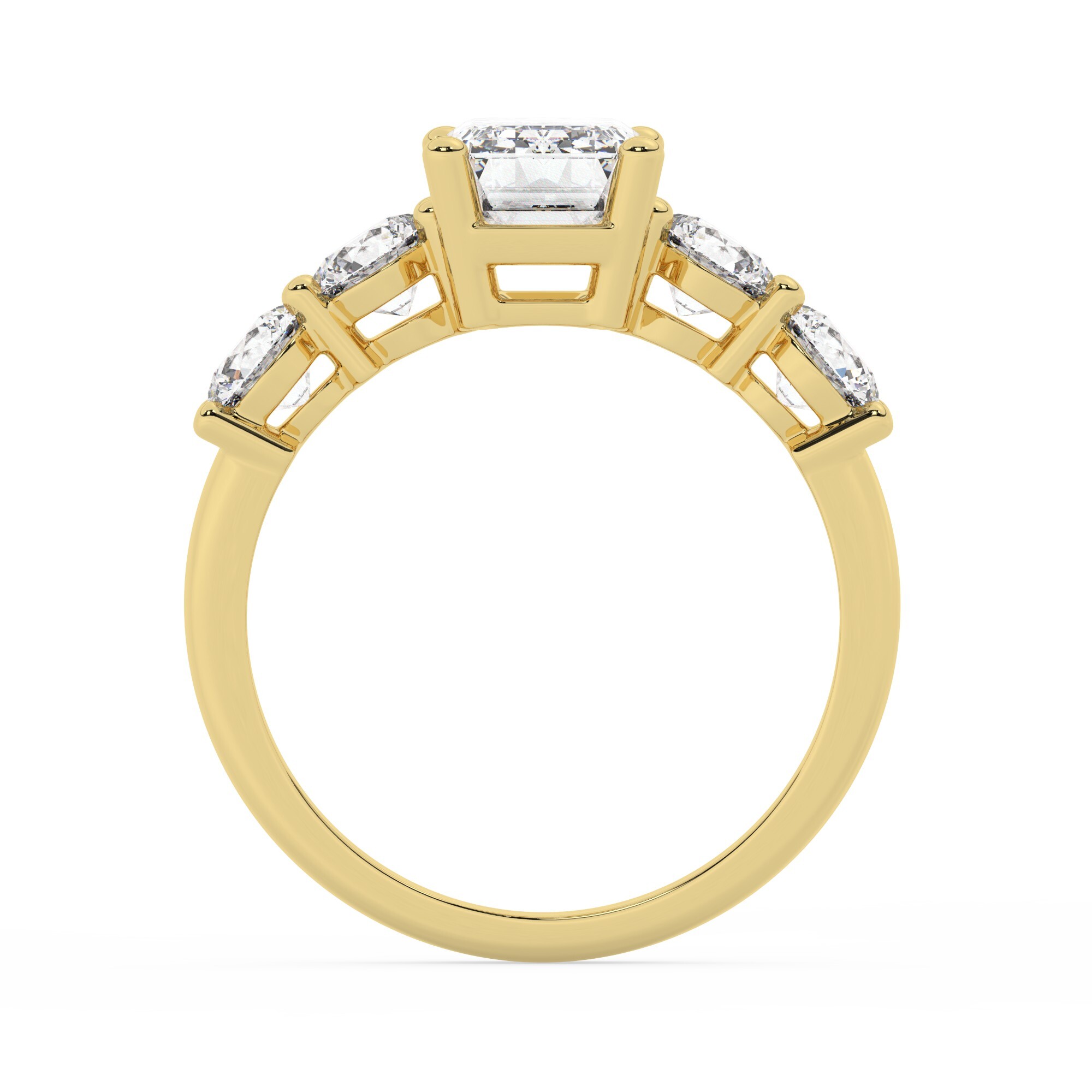 טבעת אירוסין סוליטר וזירקונים בצדדים דגם 50030 זהב צהוב 14 קראט במרכז זירקוניה 1.50 קראט בחיתוך אמרלד מסביב ובצדדים זירקונים בחיתוך עגול – תמונה 3