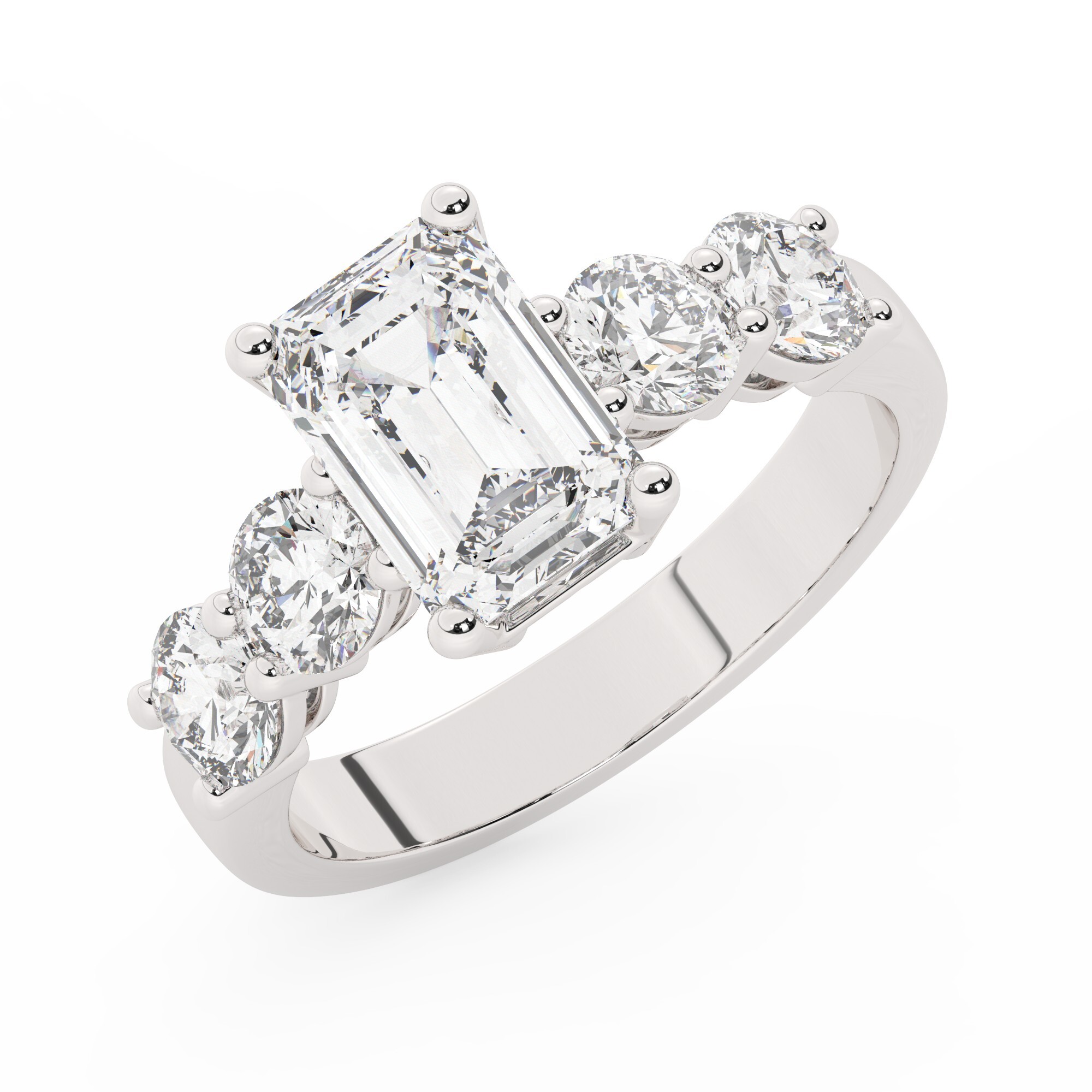 טבעת אירוסין סוליטר וזירקונים בצדדים דגם 50030 זהב לבן 14 קראט במרכז זירקוניה 1.50 קראט בחיתוך אמרלד מסביב ובצדדים זירקונים בחיתוך עגול