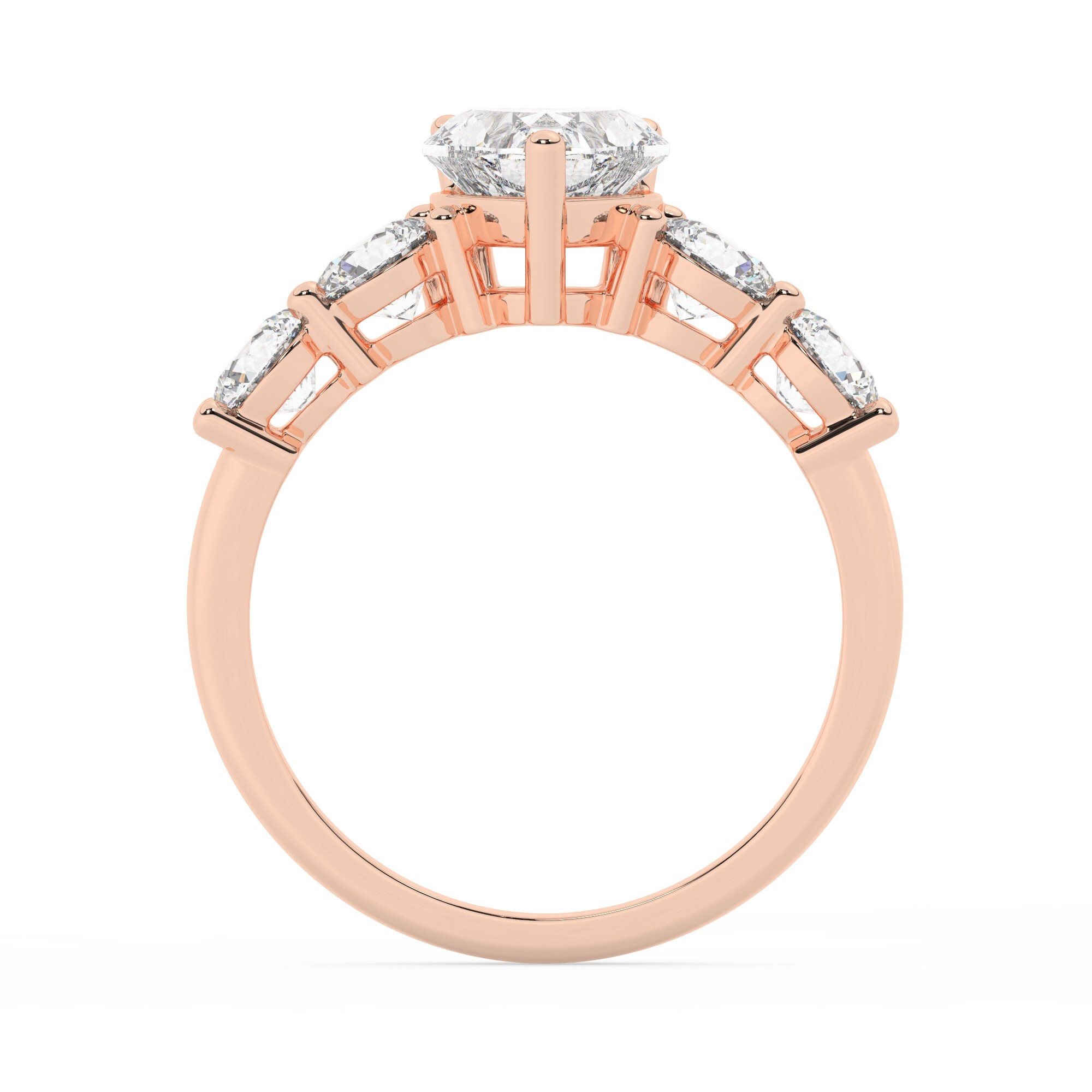 טבעת אירוסין סוליטר וזירקונים בצדדים דגם 50030 זהב אדום רוזגולד 14 קראט במרכז זירקוניה 1.50 קראט בחיתוך לב מסביב ובצדדים זירקונים בחיתוך עגול – תמונה 3