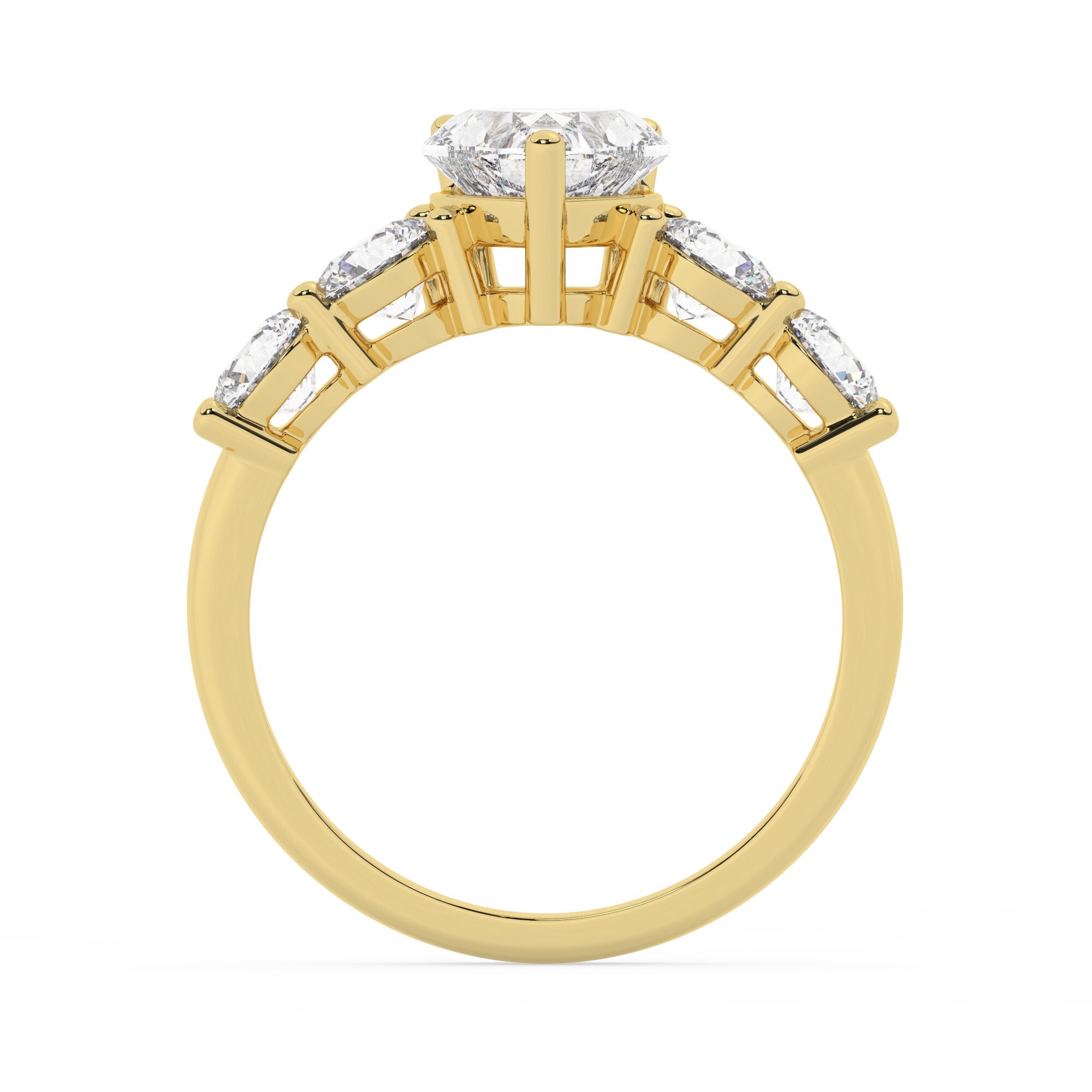 טבעת אירוסין סוליטר וזירקונים בצדדים דגם 50030 זהב צהוב 14 קראט במרכז זירקוניה 0.50 קראט בחיתוך לב מסביב ובצדדים זירקונים בחיתוך עגול – תמונה 3