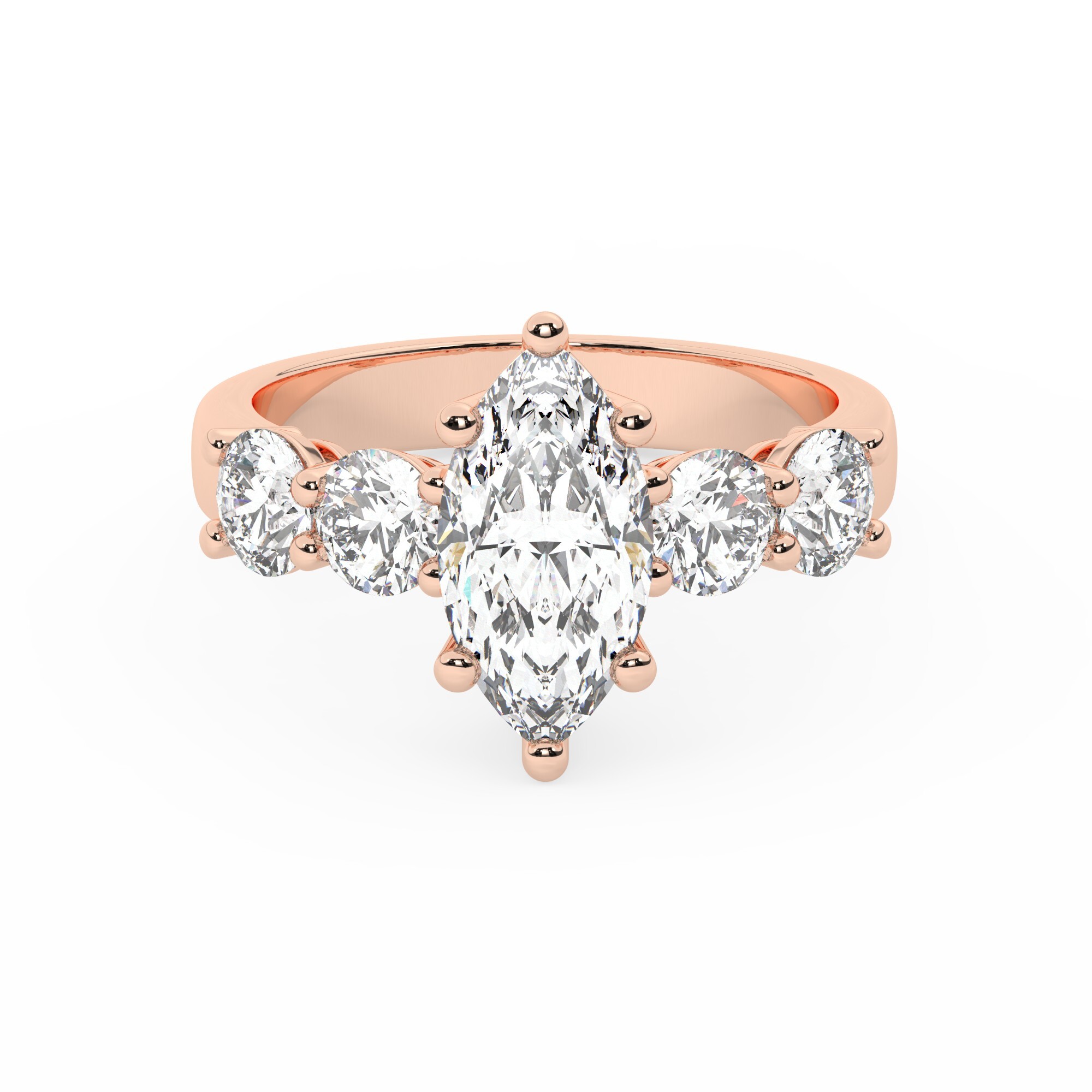 טבעת אירוסין סוליטר וזירקונים בצדדים דגם 50030 זהב אדום רוזגולד 14 קראט במרכז זירקוניה 1 קראט בחיתוך מרקיזה מסביב ובצדדים זירקונים בחיתוך עגול – תמונה 2