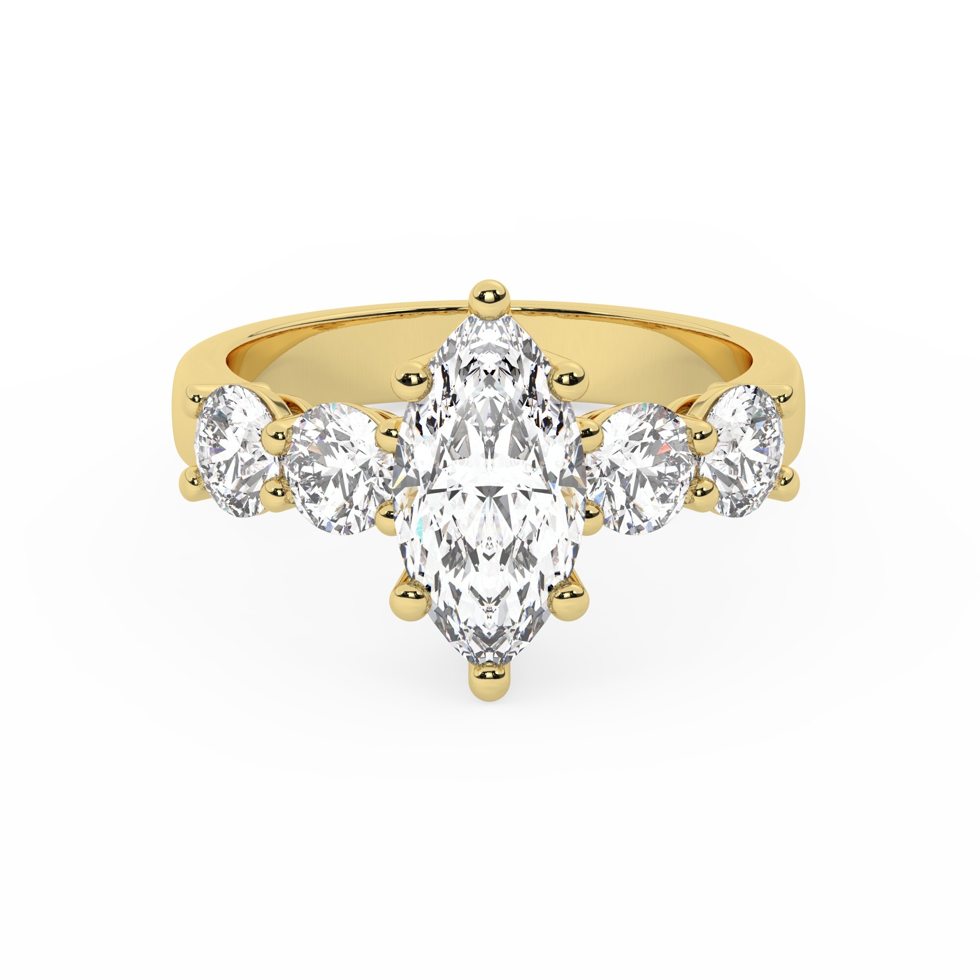 טבעת אירוסין סוליטר ויהלומים בצדדים דגם 50030 זהב צהוב 14 קראט במרכז יהלום טבעי 1 קראט בחיתוך מרקיזה עם תעודה גמולוגית אמריקאית GIA מסביב ובצדדים יהלומים טבעים במשקל כולל של 1.08 קראט בחיתוך עגול – תמונה 2