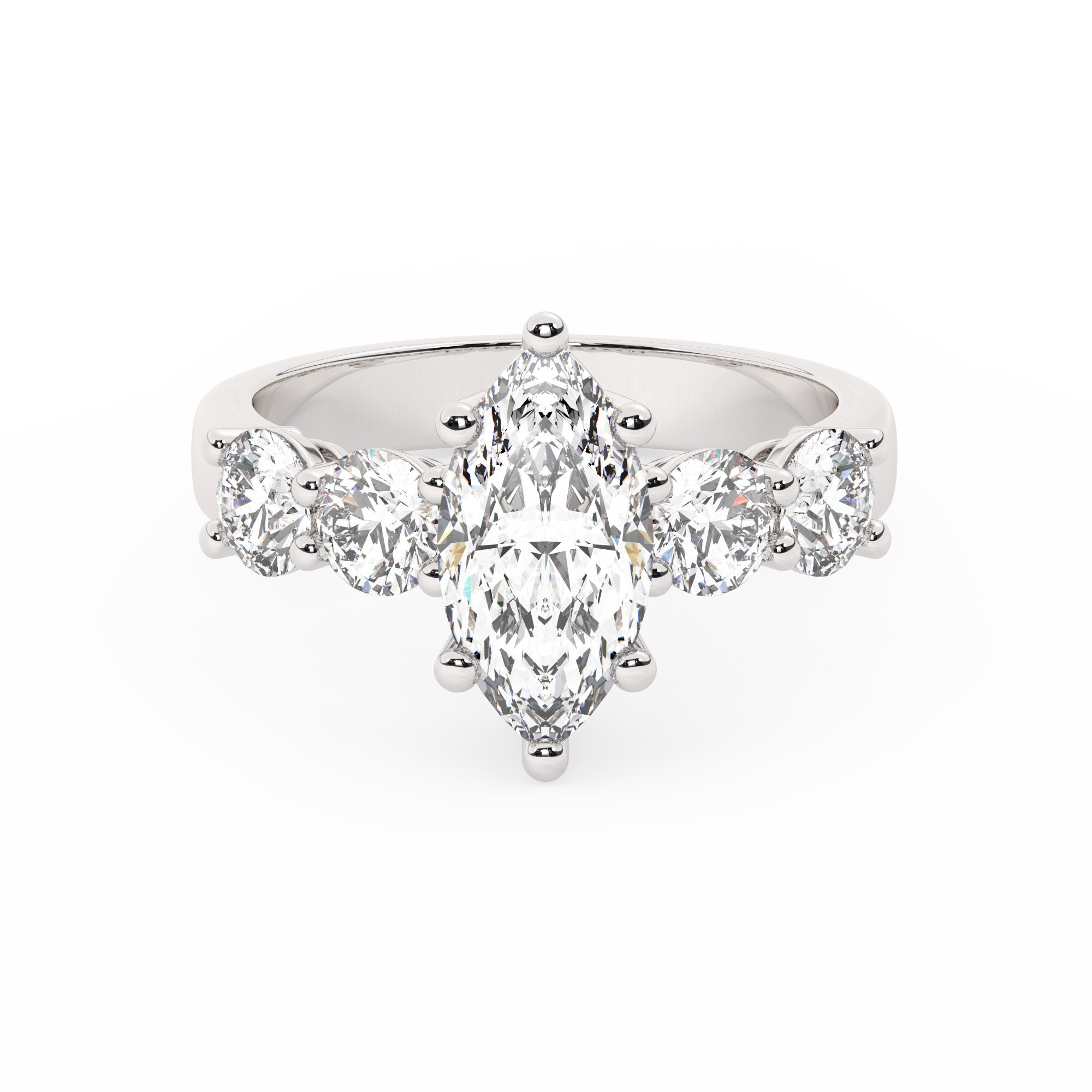 טבעת אירוסין סוליטר ויהלומים בצדדים דגם 50030 זהב לבן 14 קראט במרכז יהלום טבעי 1 קראט בחיתוך מרקיזה עם תעודה גמולוגית אמריקאית GIA מסביב ובצדדים יהלומים טבעים במשקל כולל של 1.08 קראט בחיתוך עגול – תמונה 2