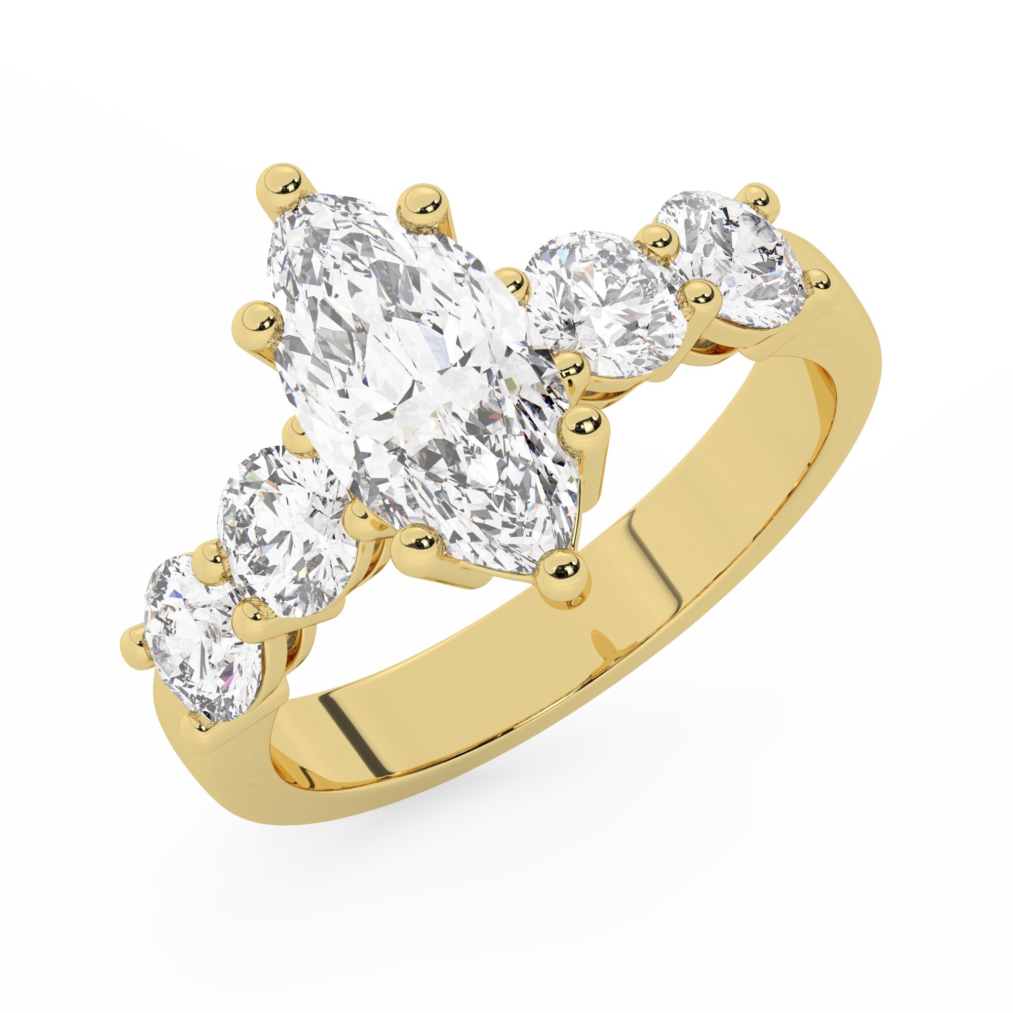 טבעת אירוסין סוליטר וזירקונים בצדדים דגם 50030 זהב צהוב 14 קראט במרכז זירקוניה 0.50 קראט בחיתוך מרקיזה מסביב ובצדדים זירקונים בחיתוך עגול