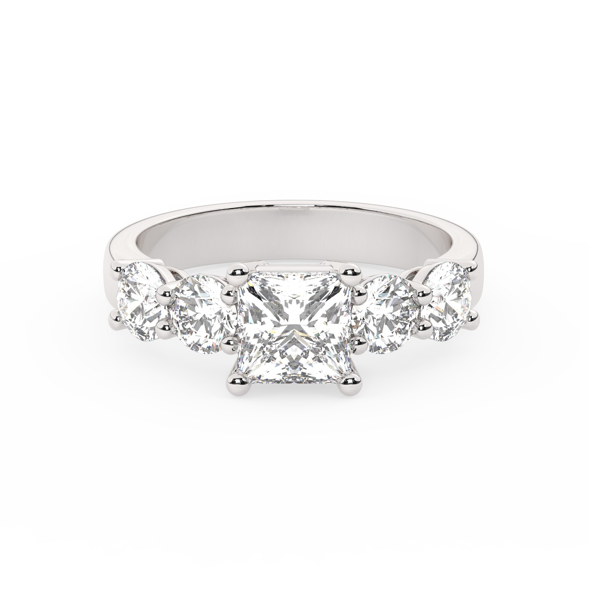 טבעת אירוסין סוליטר ויהלומים בצדדים דגם 50030 זהב לבן 14 קראט במרכז יהלום טבעי 5 קראט בחיתוך פרינסס עם תעודה גמולוגית אמריקאית GIA מסביב ובצדדים יהלומים טבעים במשקל כולל של 1.08 קראט בחיתוך עגול – תמונה 2