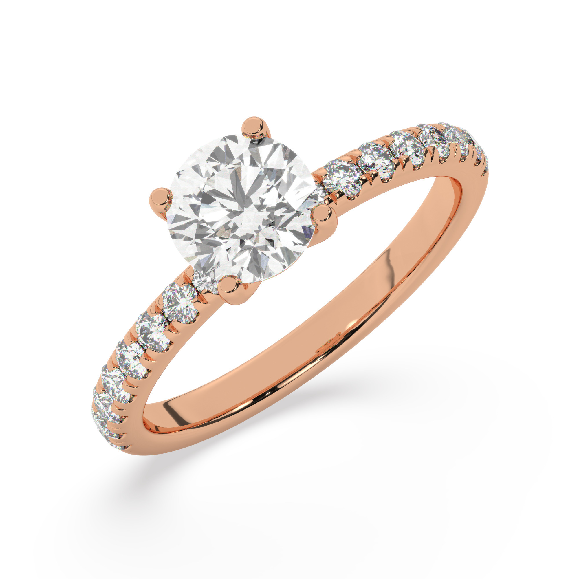 טבעת אירוסין סוליטר וזירקונים בצדדים דגם 50037 זהב אדום רוזגולד 14 קראט במרכז זירקוניה 1 קראט בחיתוך עגול מסביב ובצדדים זירקונים בחיתוך עגול