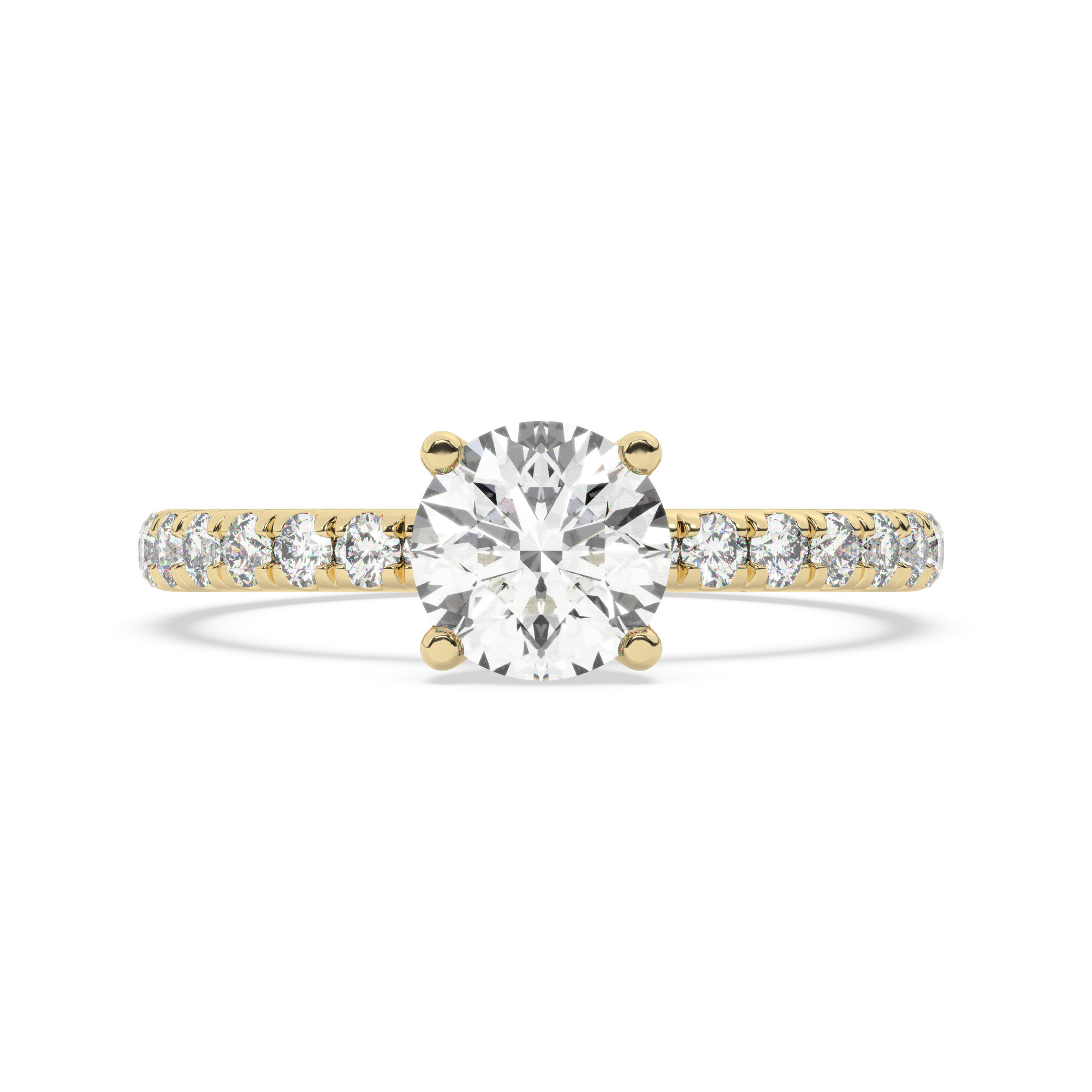 טבעת אירוסין סוליטר וזירקונים בצדדים דגם 50037 זהב צהוב 14 קראט במרכז זירקוניה 1 קראט בחיתוך עגול מסביב ובצדדים זירקונים בחיתוך עגול – תמונה 2