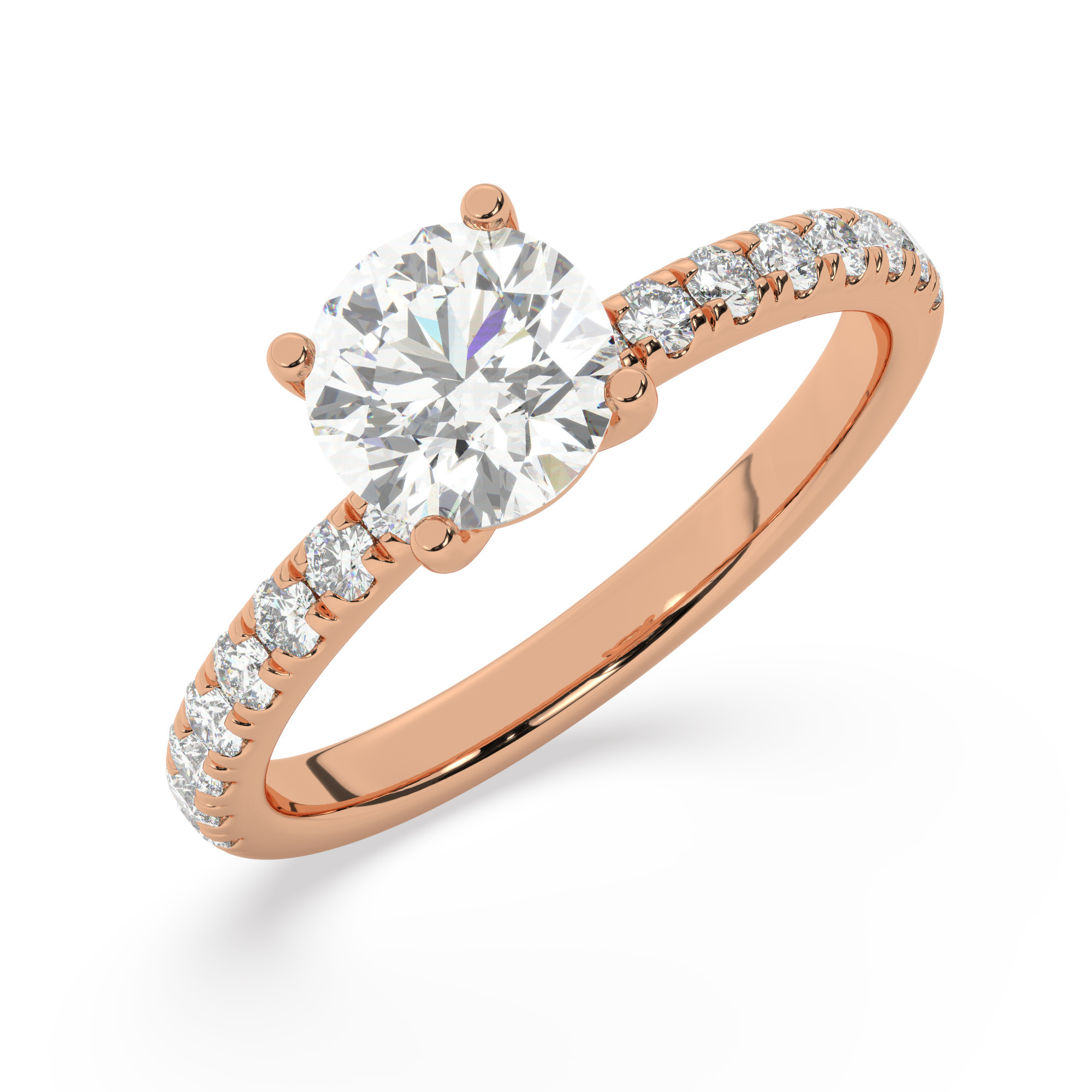 טבעת אירוסין סוליטר וזירקונים בצדדים דגם 50037 זהב אדום רוזגולד 14 קראט במרכז זירקוניה 1.50 קראט בחיתוך עגול מסביב ובצדדים זירקונים בחיתוך עגול