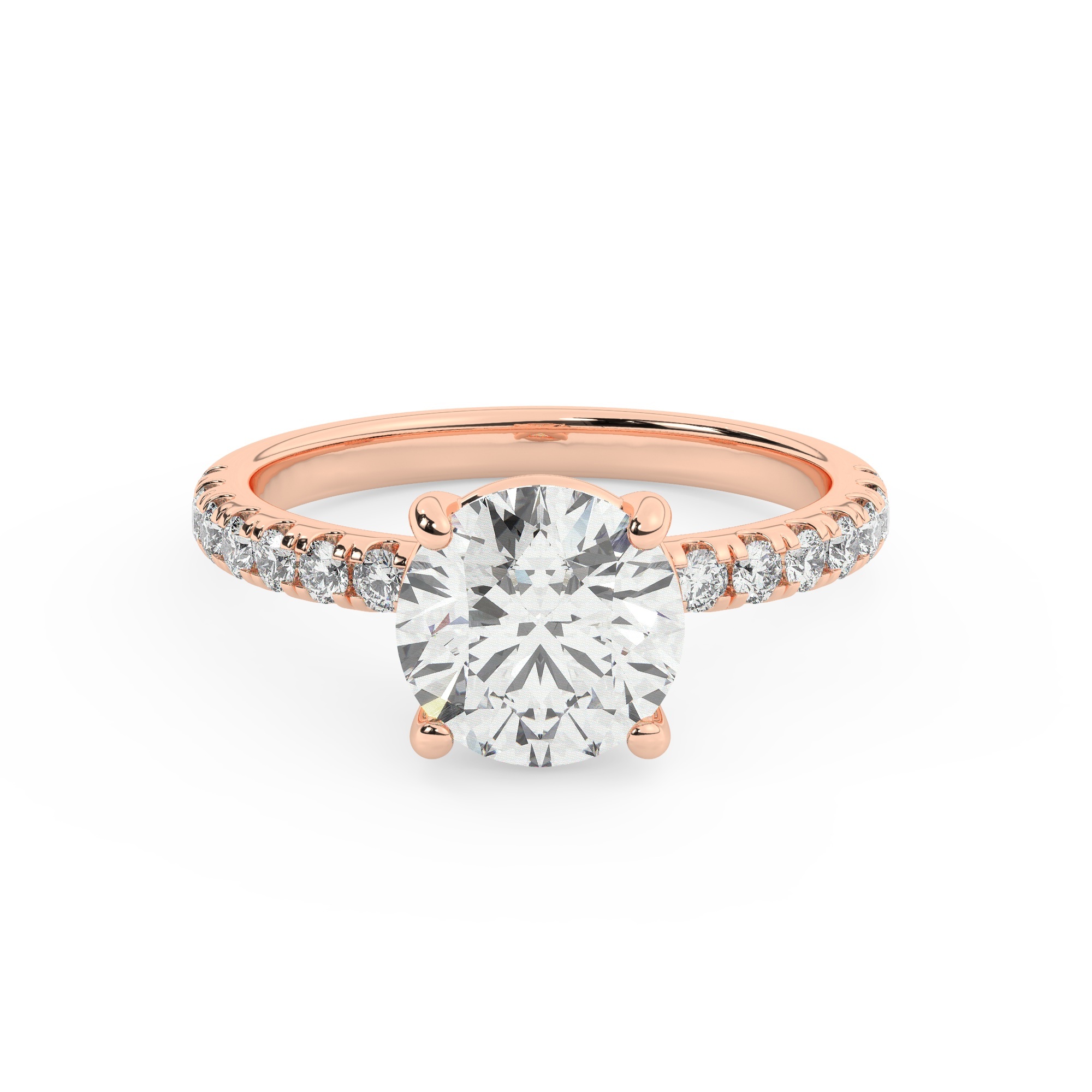 טבעת אירוסין סוליטר וזירקונים בצדדים דגם 50037 זהב אדום רוזגולד 14 קראט במרכז זירקוניה 2 קראט בחיתוך עגול מסביב ובצדדים זירקונים בחיתוך עגול – תמונה 2