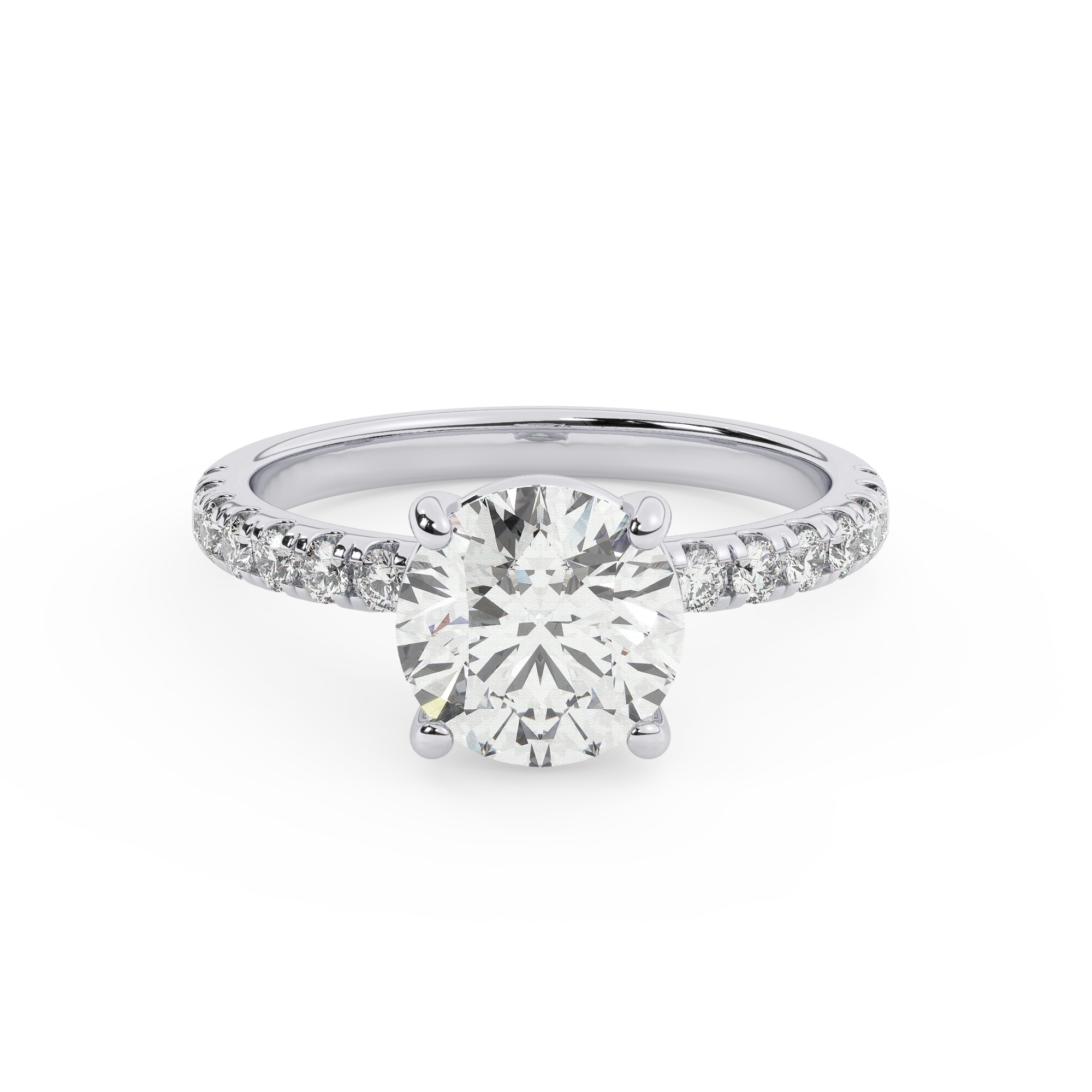 טבעת אירוסין סוליטר וזירקונים בצדדים דגם 50037 זהב לבן 14 קראט במרכז זירקוניה 2 קראט בחיתוך עגול מסביב ובצדדים זירקונים בחיתוך עגול – תמונה 2