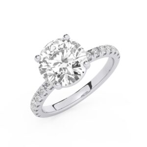 טבעת אירוסין סוליטר וזירקונים בצדדים דגם 50037 זהב לבן 14 קראט במרכז זירקוניה 3 קראט בחיתוך עגול מסביב ובצדדים זירקונים בחיתוך עגול