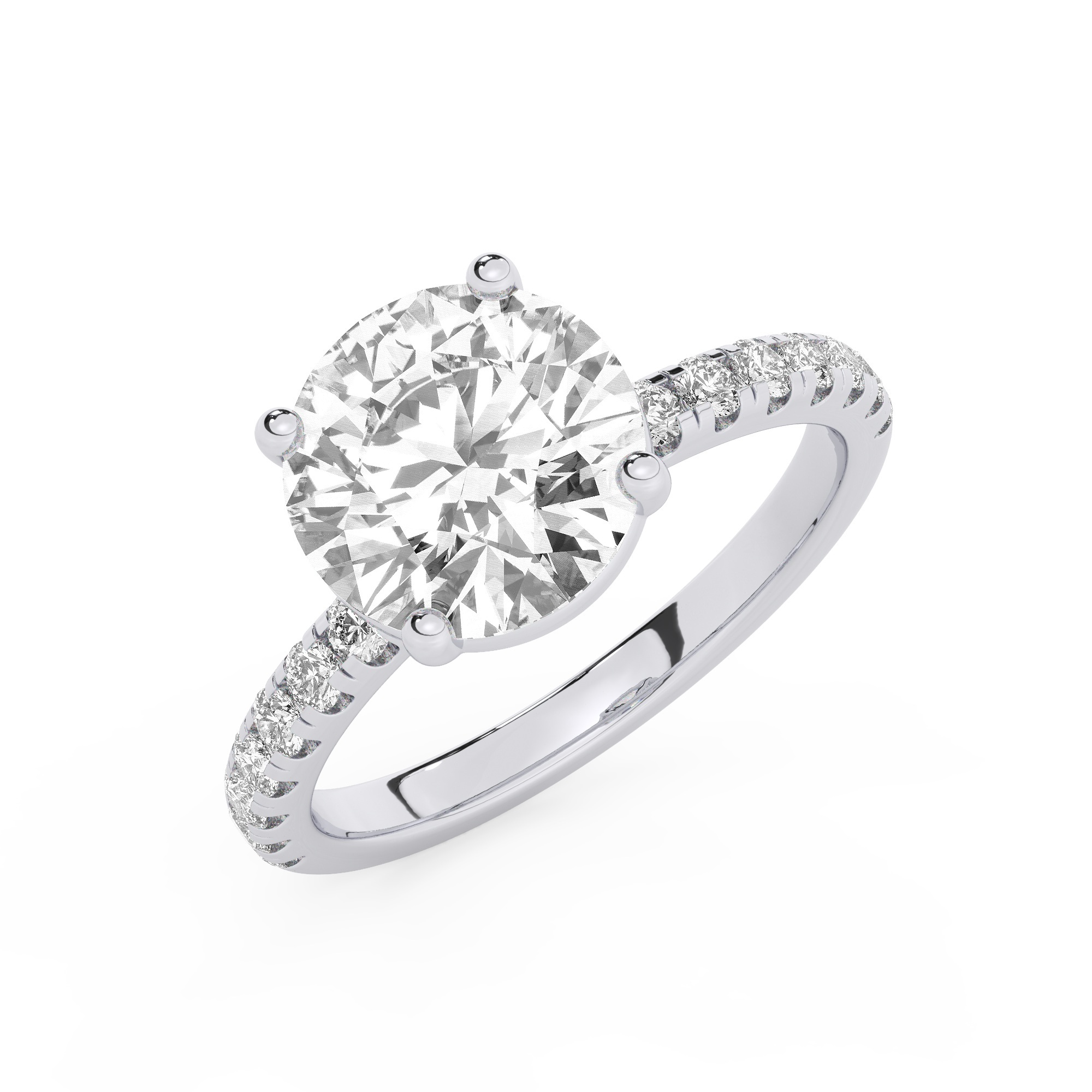 טבעת אירוסין סוליטר וזירקונים בצדדים דגם 50037 זהב לבן 14 קראט במרכז זירקוניה 3 קראט בחיתוך עגול מסביב ובצדדים זירקונים בחיתוך עגול