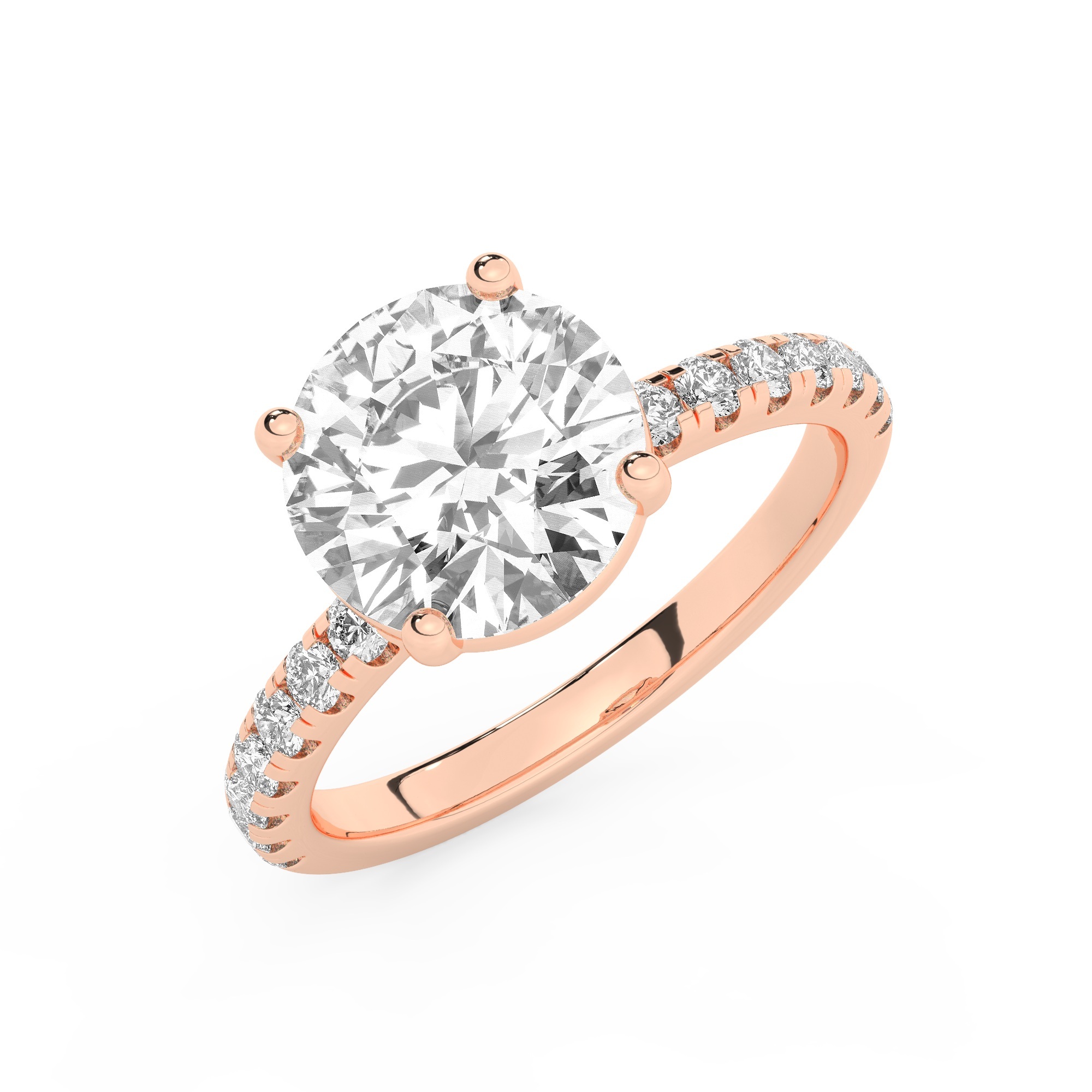 טבעת אירוסין סוליטר וזירקונים בצדדים דגם 50037 זהב אדום רוזגולד 14 קראט במרכז זירקוניה 4 קראט בחיתוך עגול מסביב ובצדדים זירקונים בחיתוך עגול