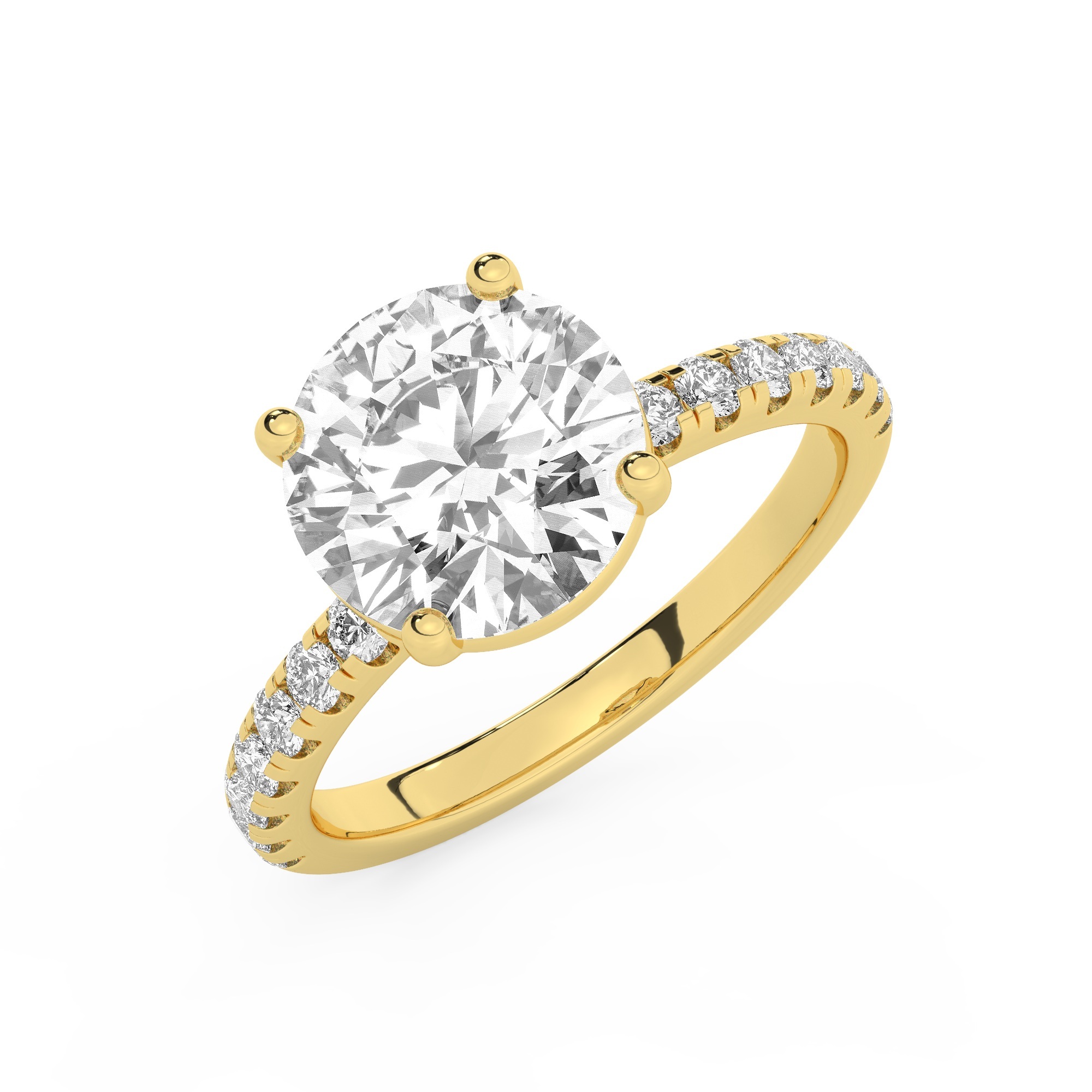 טבעת אירוסין סוליטר וזירקונים בצדדים דגם 50037 זהב צהוב 14 קראט במרכז זירקוניה 4 קראט בחיתוך עגול מסביב ובצדדים זירקונים בחיתוך עגול