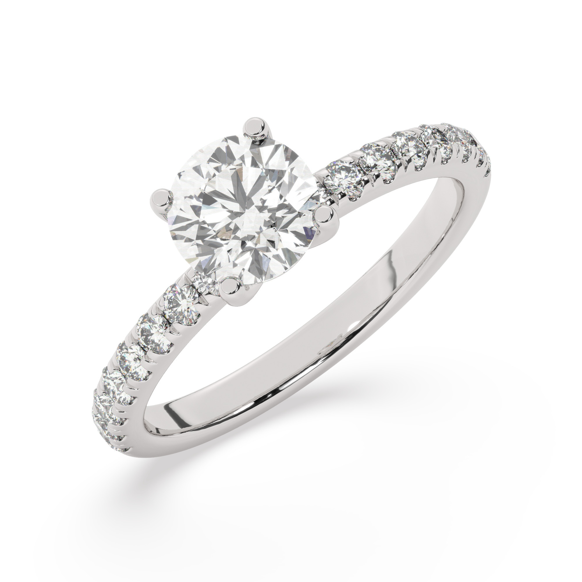 טבעת אירוסין סוליטר וזירקונים בצדדים דגם 50037 זהב לבן 14 קראט במרכז זירקוניה 0.50 קראט בחיתוך עגול מסביב ובצדדים זירקונים בחיתוך עגול