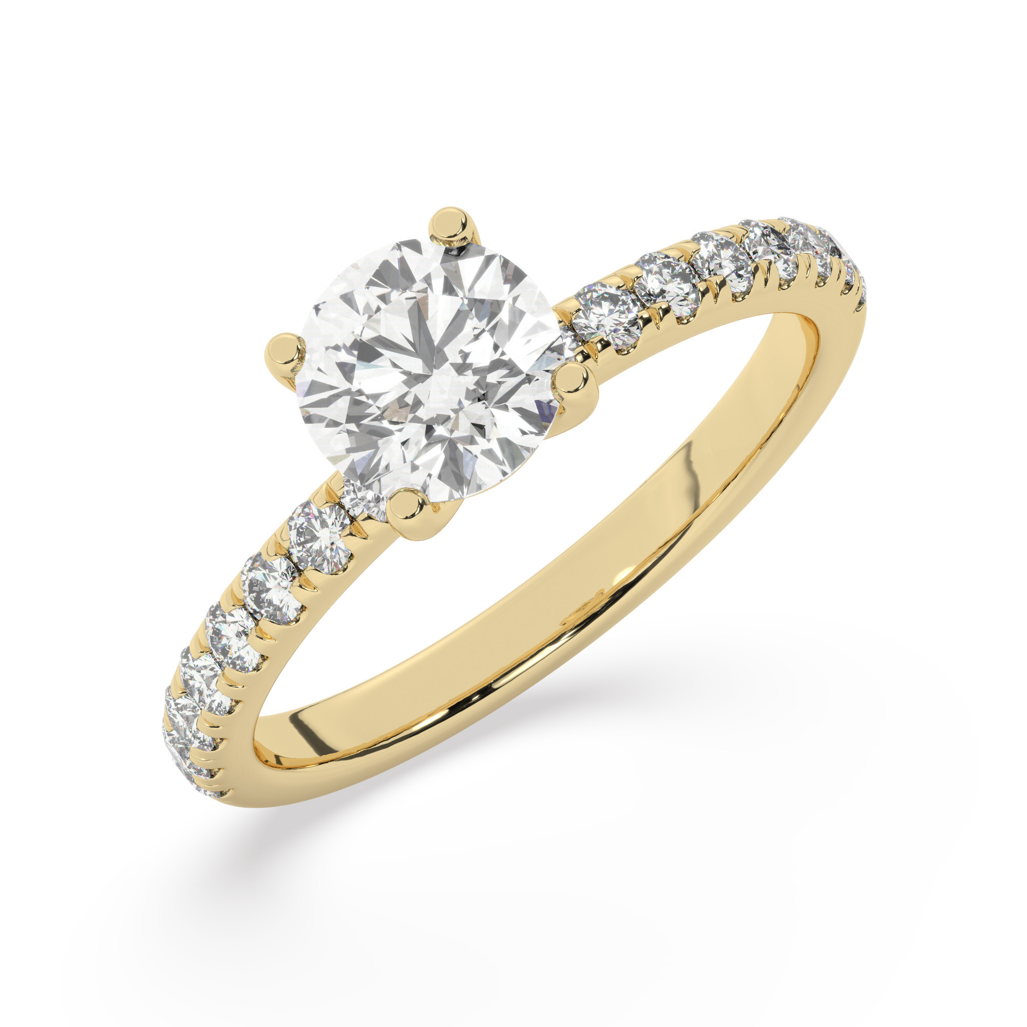 טבעת אירוסין סוליטר וזירקונים בצדדים דגם 50037 זהב צהוב 14 קראט במרכז זירקוניה 0.75 קראט בחיתוך עגול מסביב ובצדדים זירקונים בחיתוך עגול