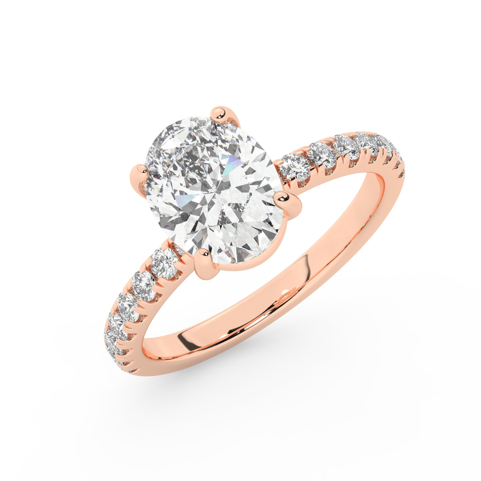 טבעת אירוסין סוליטר וזירקונים בצדדים דגם 50037 זהב אדום רוזגולד 14 קראט במרכז זירקוניה 2 קראט בחיתוך אובל מסביב ובצדדים זירקונים בחיתוך עגול